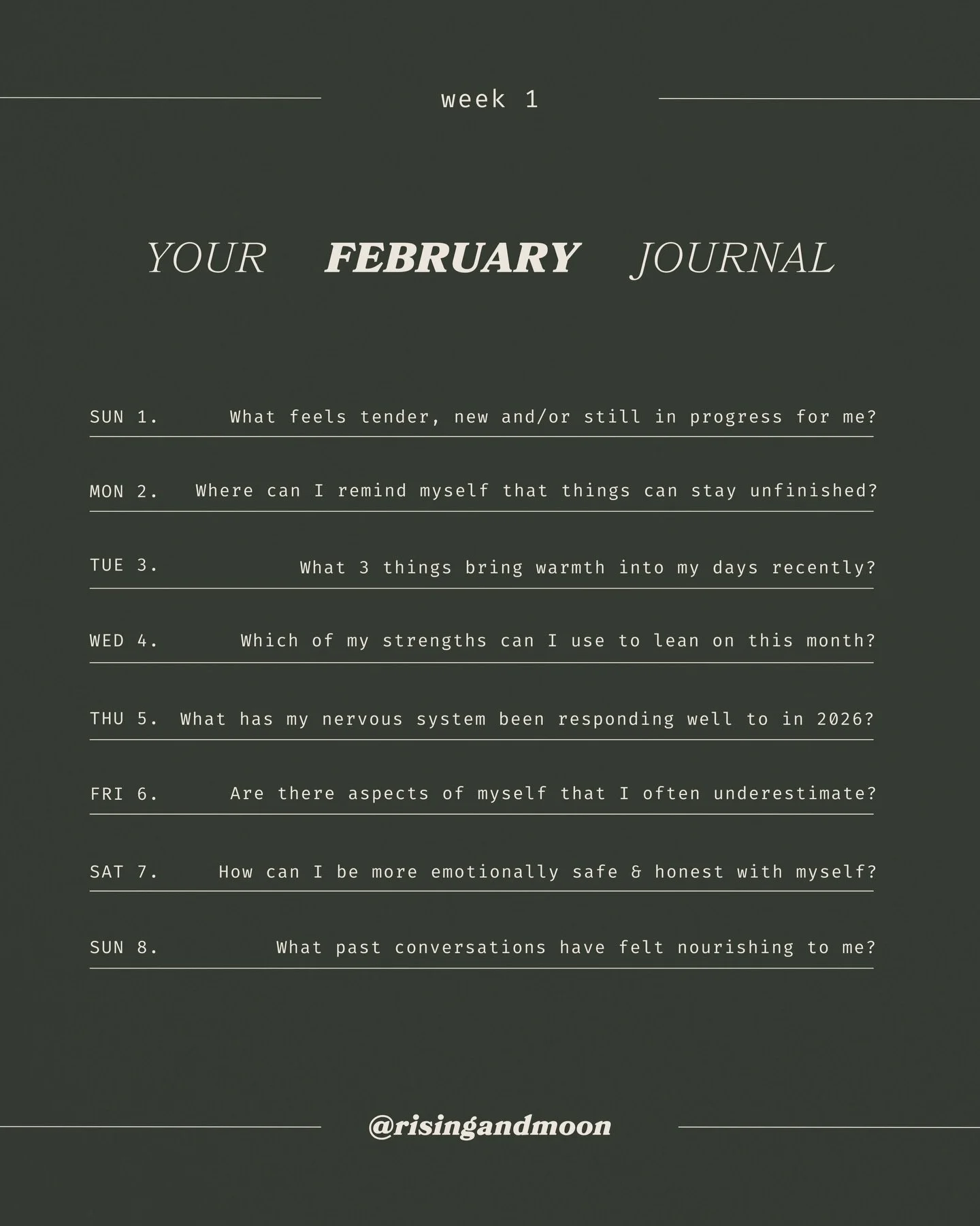 Some small habits for a short &amp; sweet month
&hellip;this is your February Journal 🕯️📖
 
A season of rest &amp; reflection begins, today:
 
Can you spare 5 minutes to journal in your phone notes, laptop, on paper? Or even simply think on a singl
