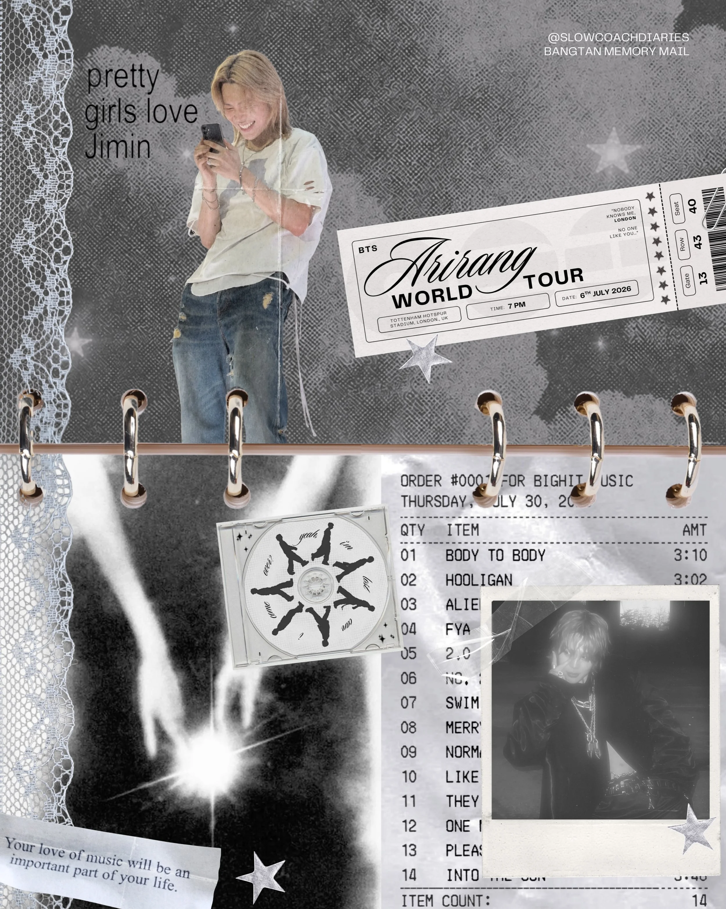pretty girls love Jimin 🩶

made a lil mock spread with some of the pieces inside our Bangtan Memory Mail eee!!

I can&rsquo;t wait to re-create the real thing inside my journal with all the rest of our mail art 📖🌟🪩💌

Q: shall I make one of these
