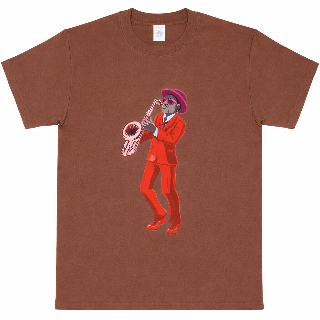 Saxophone player on brown T-shirt.png