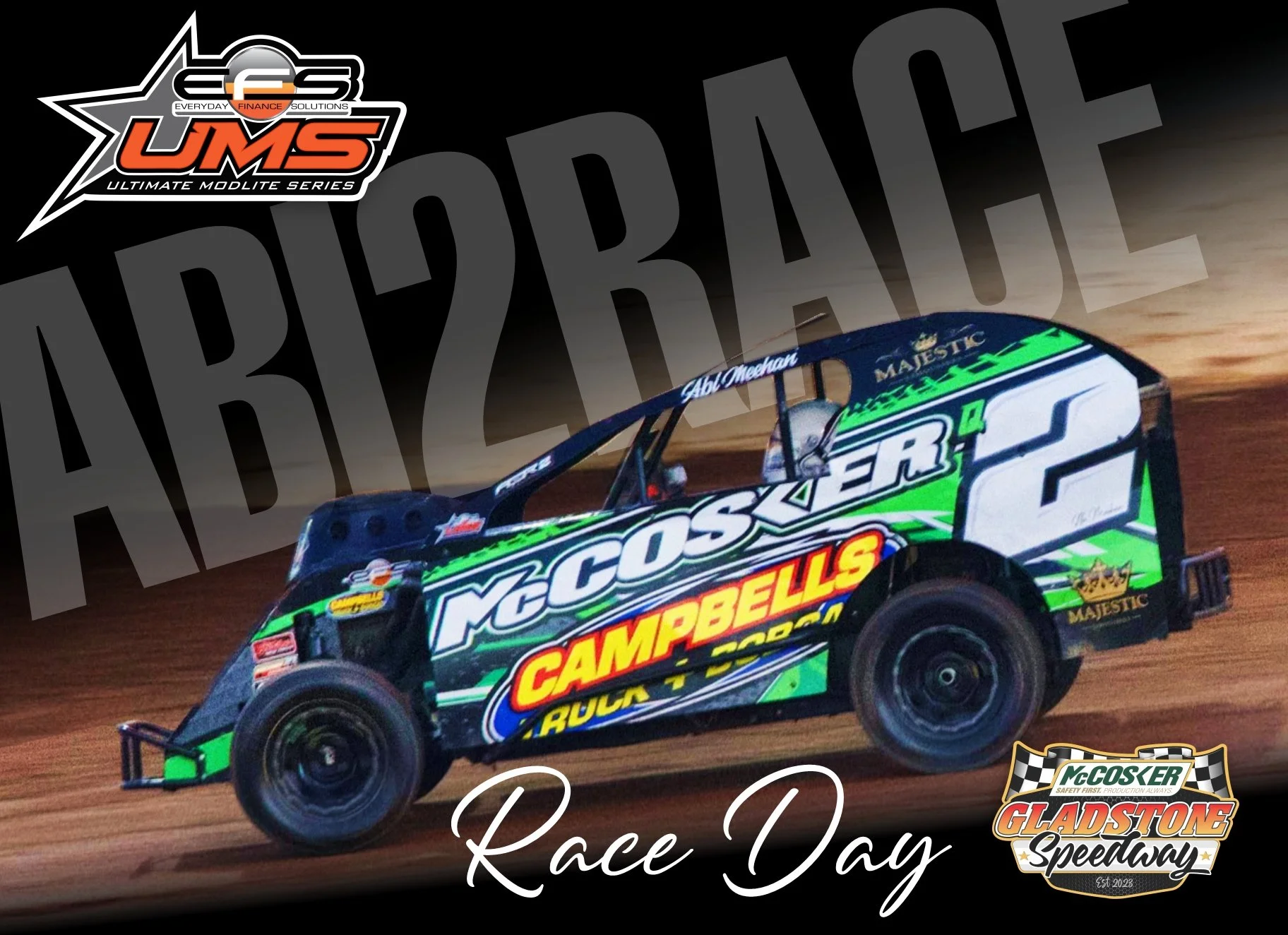 IT&rsquo;S RACE DAY!
Hometown Racing at McCosker Gladstone Speedway 

Rnd 2 of the EFS Ultimate Modlite Series
Don&rsquo;t miss the drivers Walk at 4.15pm, where you can grab some of the cool items we have to giveaway!

Huge thanks to my awesome spon