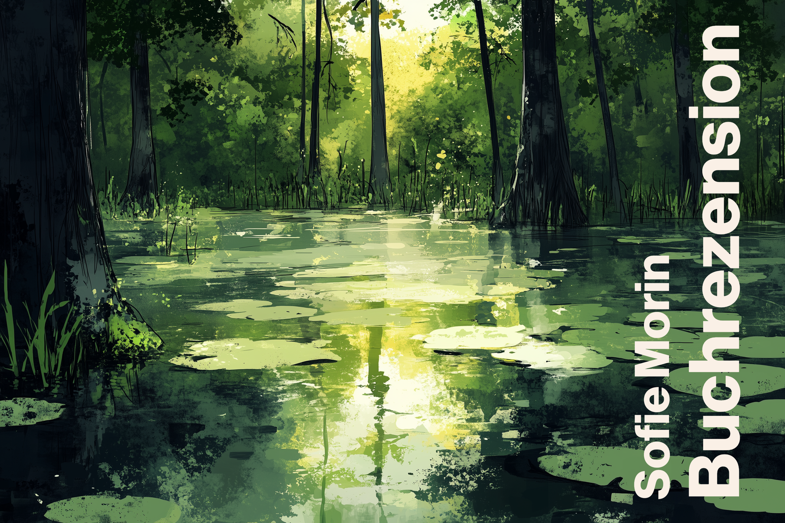 A stylized illustration of a swamp with tall trees and a water surface reflecting the green foliage, featuring water lilies and sticks, with the German text 'Sorte Moor in Brandenburg' on the right side.