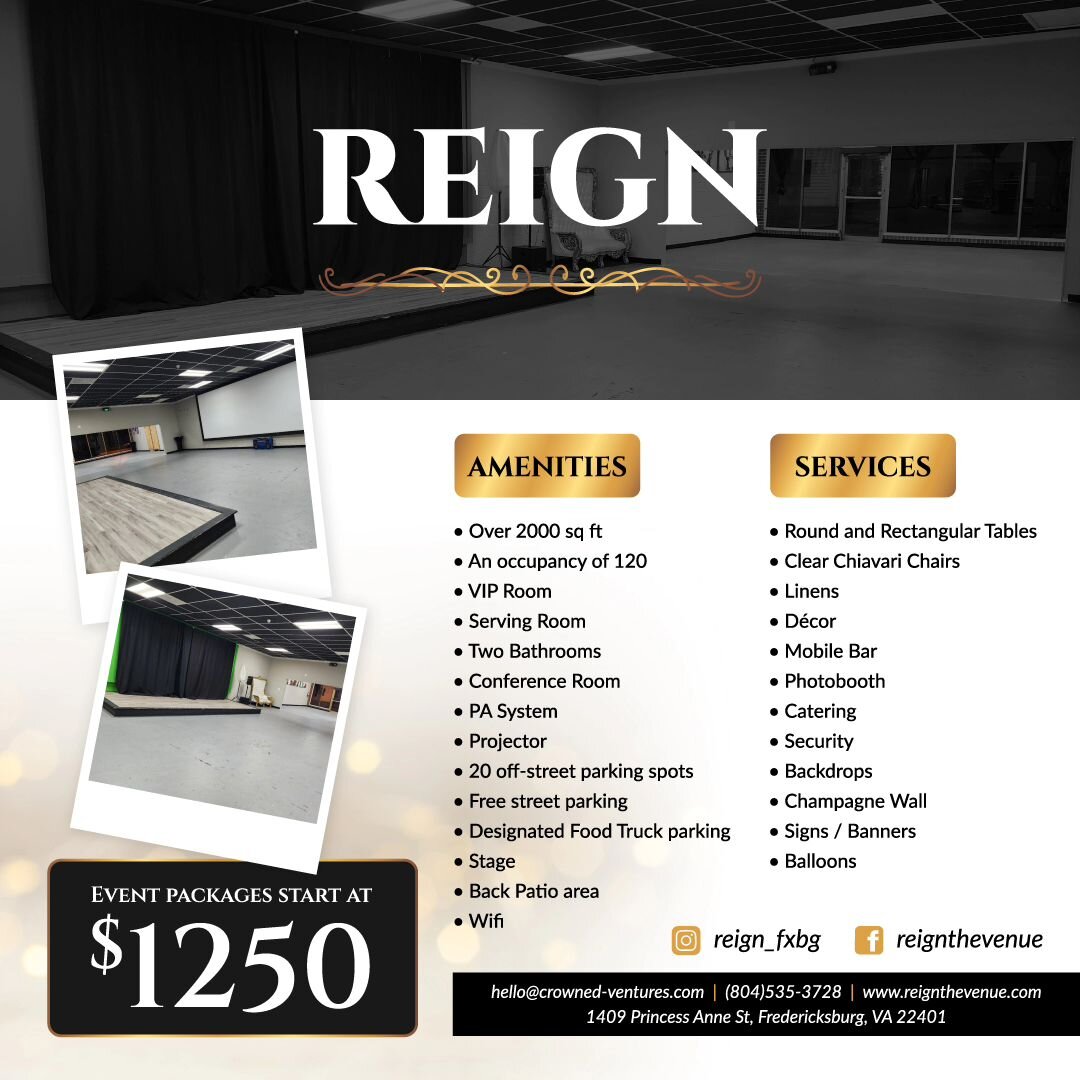 This is just a reminder to book your tour and your events now!

Link in Bio
www.reignthevenue.com 

#eventvenue #eventspace #downtownentertainment #downtownvenue #venue #venuespace #venue #fredericksburg #fredericksburgva #spotsylvania #downtownfrede