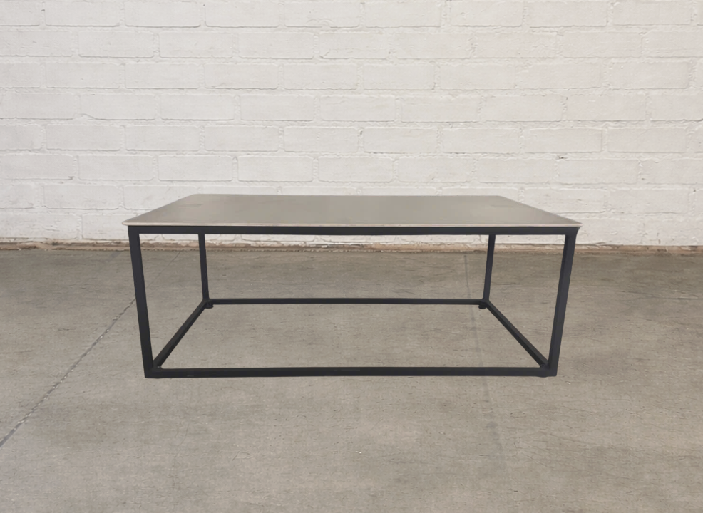 Rectangle aluminum and concrete coffee table manufactured by Vietnam furniture factory GEM, featuring a commercial-grade aluminum frame and concrete tabletop. Sinter stone table available. 