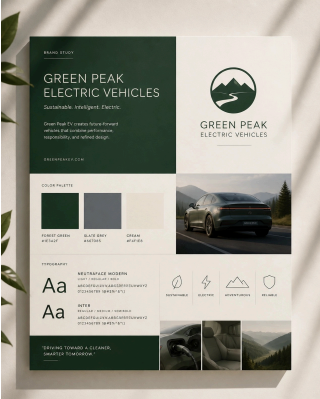 A promotional poster or brochure for Green Peak Electric Vehicles, showcasing their commitment to sustainable and intelligent electric vehicle technology. It features the company's logo, a picture of a modern electric car, color palette options, and 