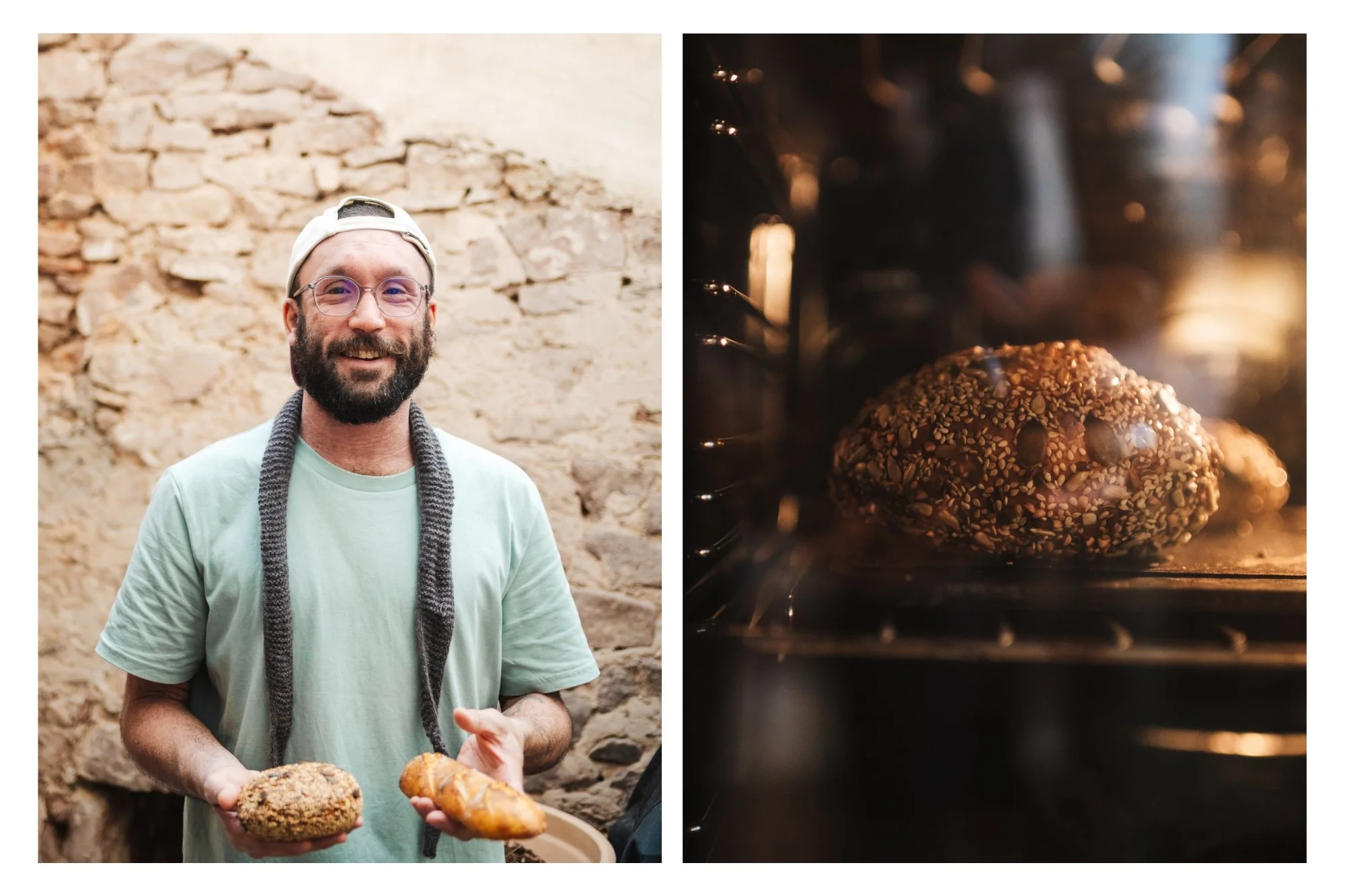 Dokumentarisches Porträt eines Bäckers mit frischem Brot, authentische Business Fotografie