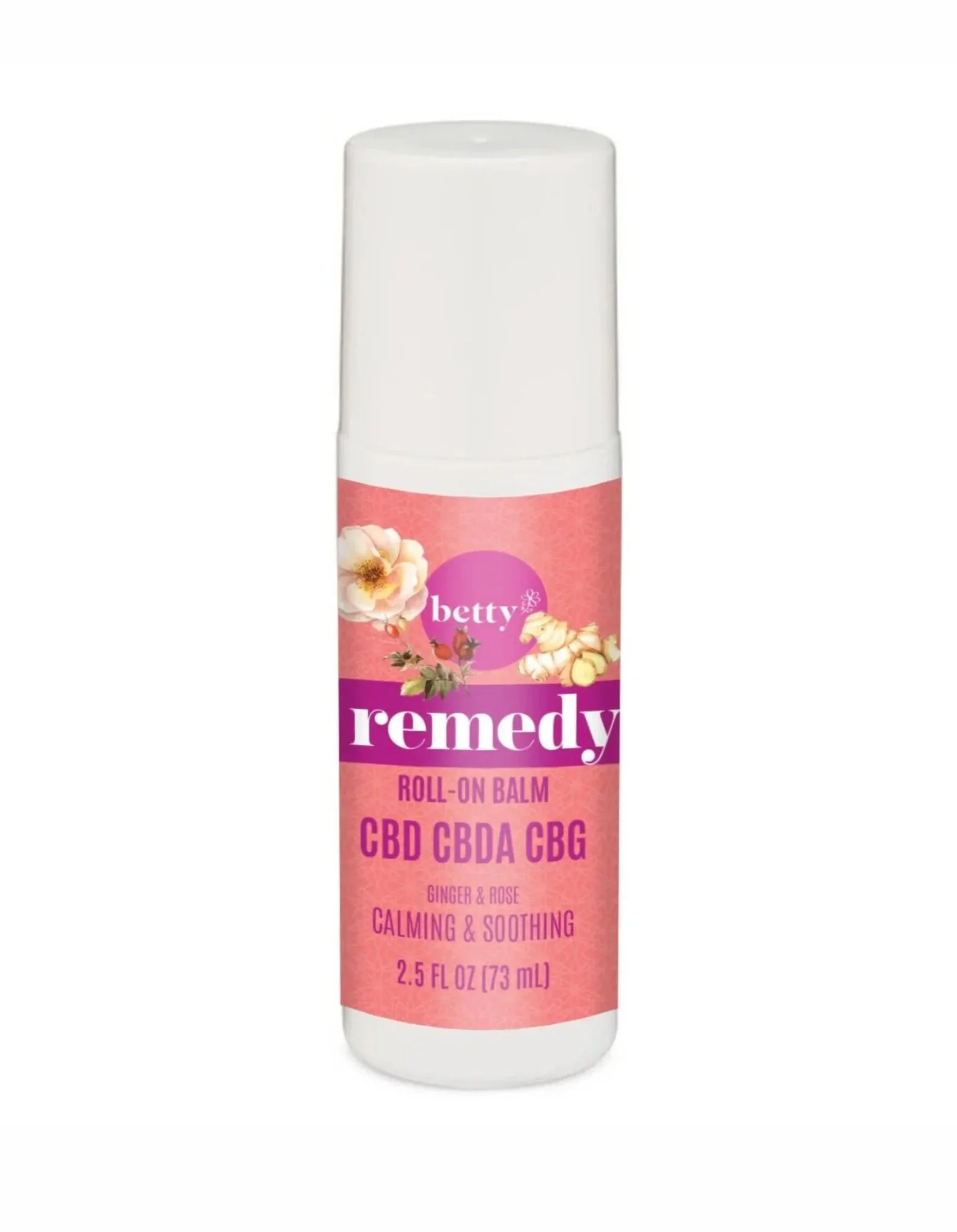 A pink and white roll-on balm container labeled 'Betty Remedy,' with ingredients CBD, CBDA, CBG, and natural ingredients like ginger and rose, designed for calming and soothing.