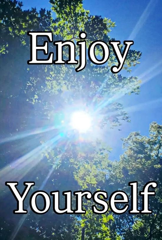 enjoy yourself text with light shining through trees.JPG