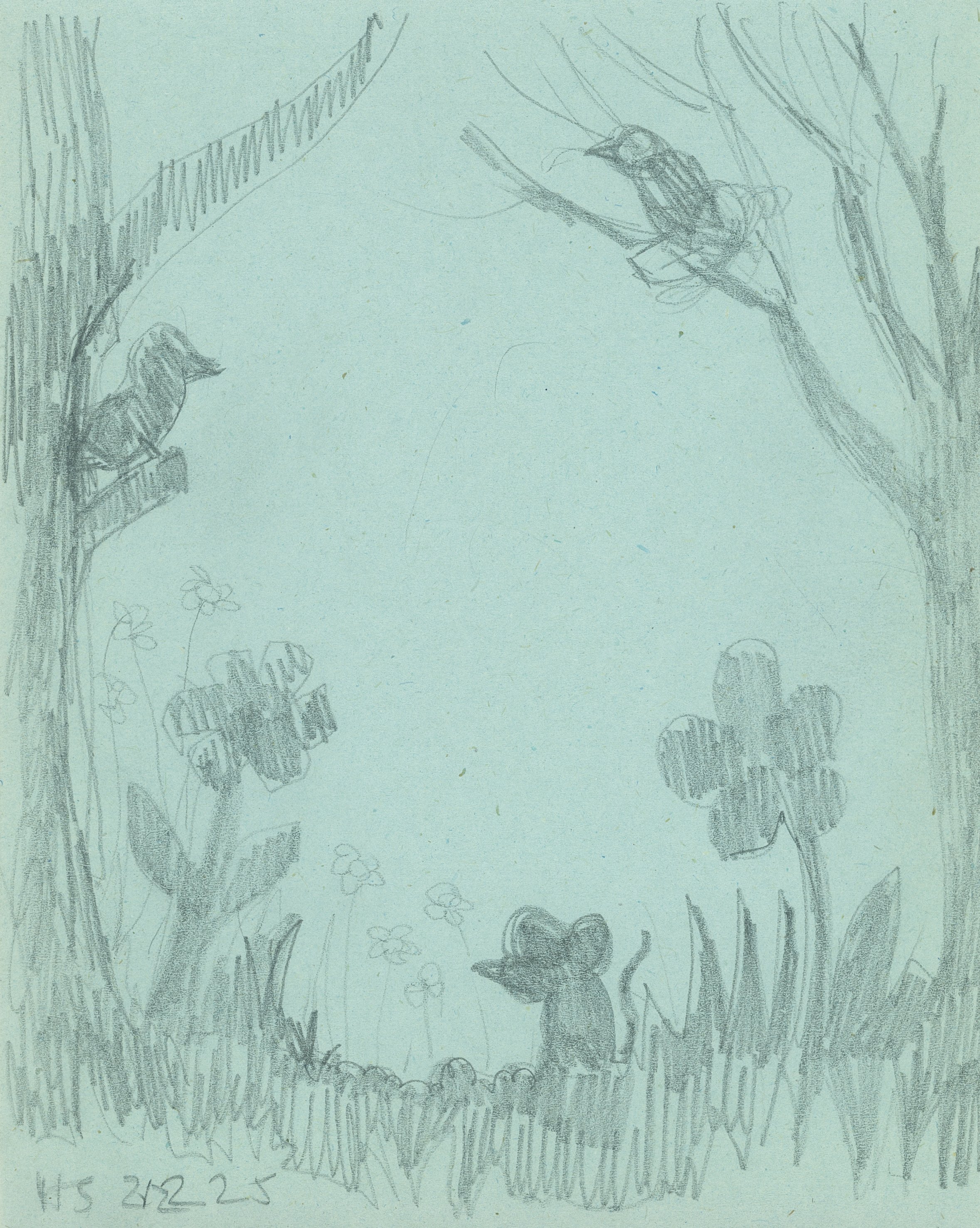 IN A FOREST 2025 Pencil on found note paper 17 x 13.4 cm