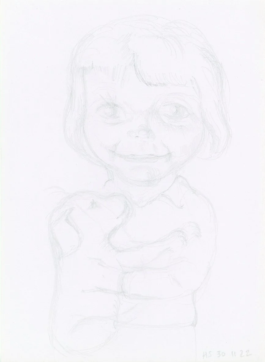 BOY & PUPPY 2022 Pencil on found paper 28.8 x 21 cm