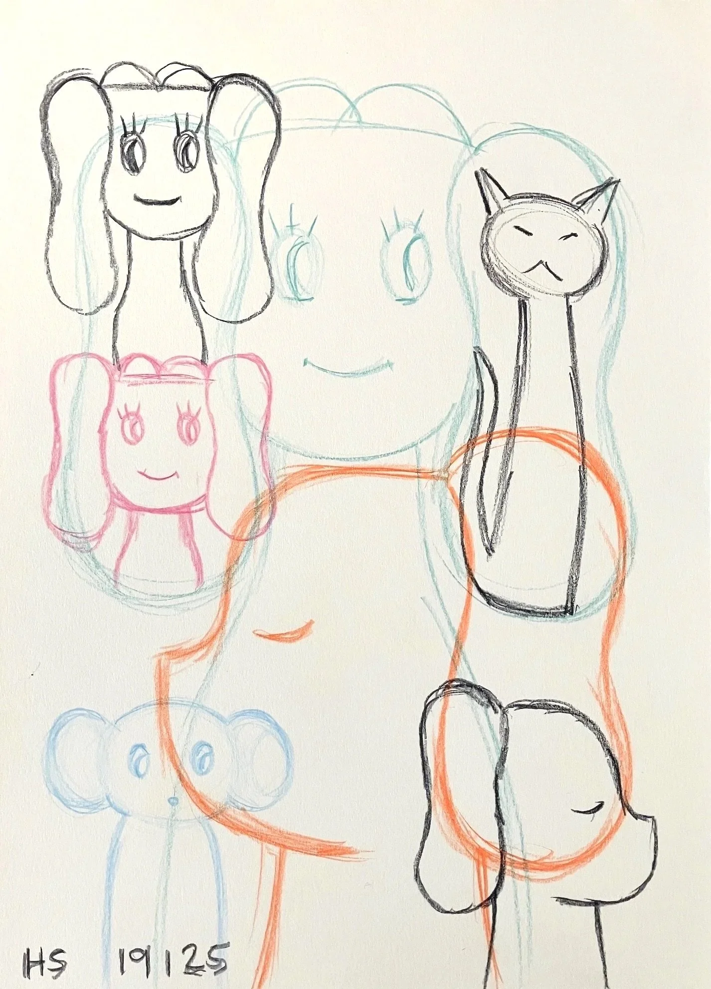 GIRL PUP & OTHERS 2025 Coloured pencil on cream paper 29 x 21 cm