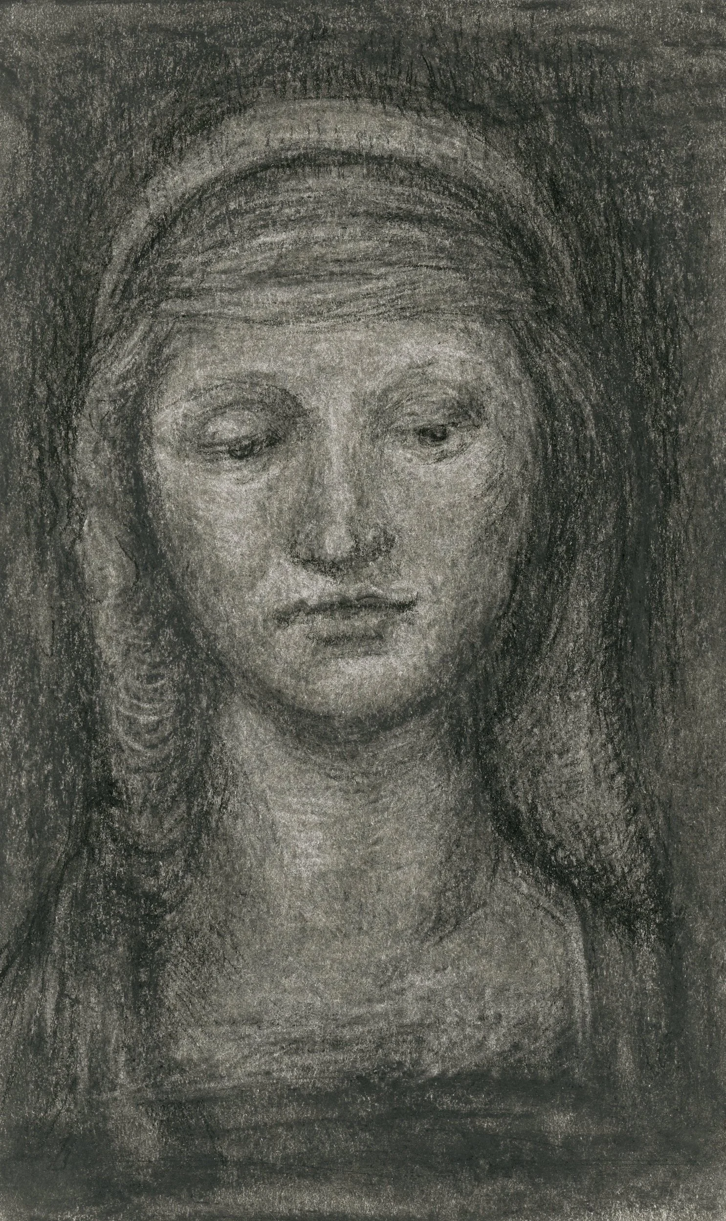 MARY AFTER RAPHAEL 2019 Charcoal on thin board 21 x 13 cm