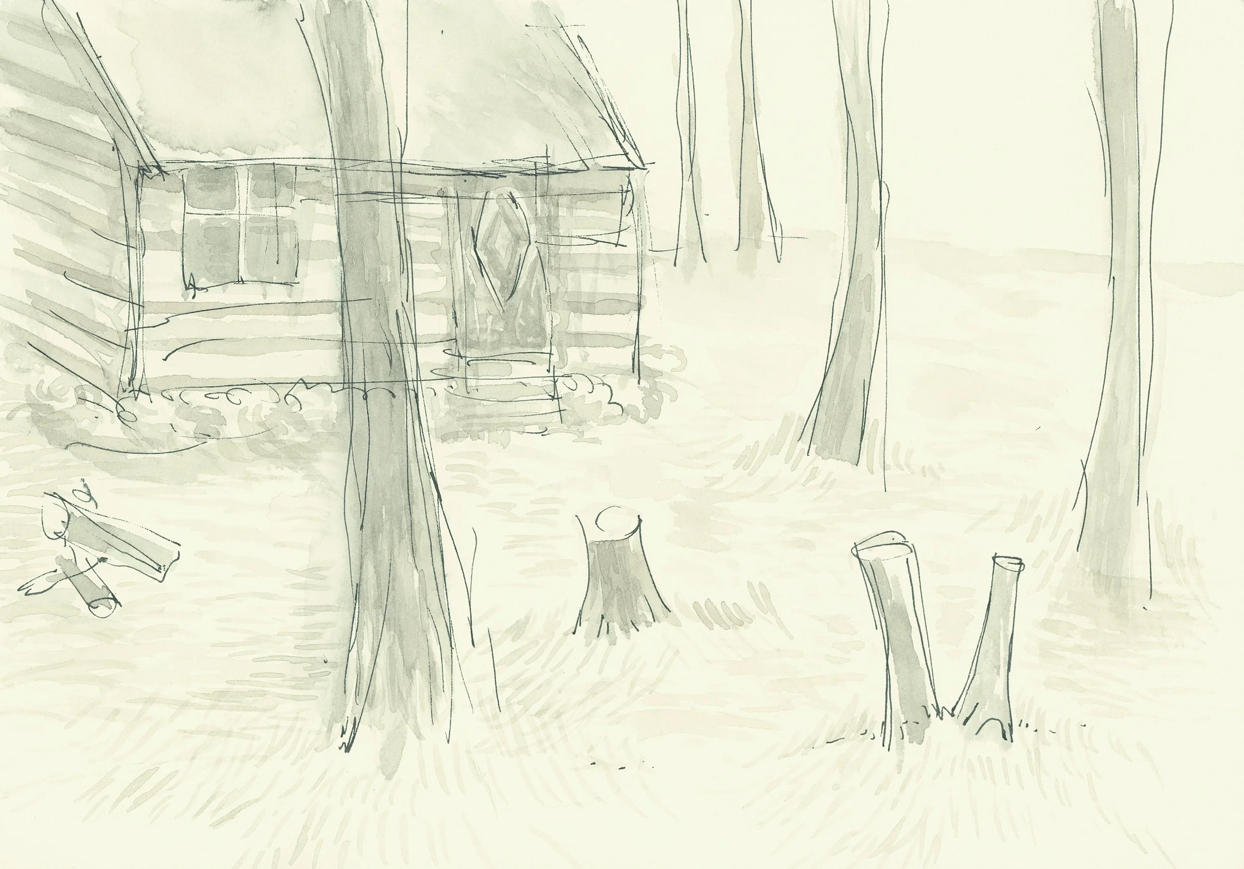CABIN IN THE WOODS 2004 Ink & pen on cartridge paper 14.7 x 21 cm