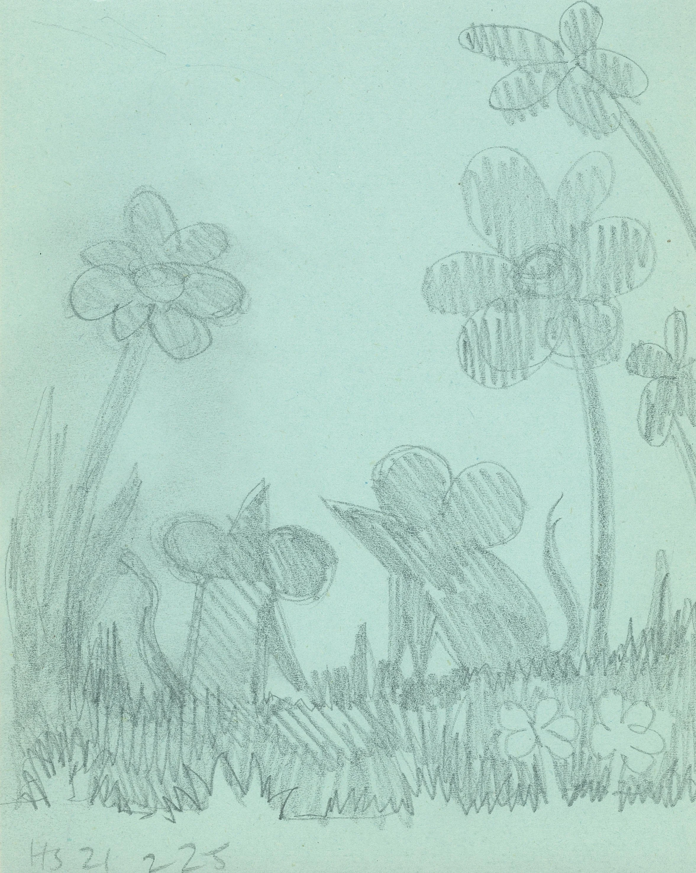 MICE AND FLOWERS 2025 Pencil on found note paper 17 x 13.4 cm