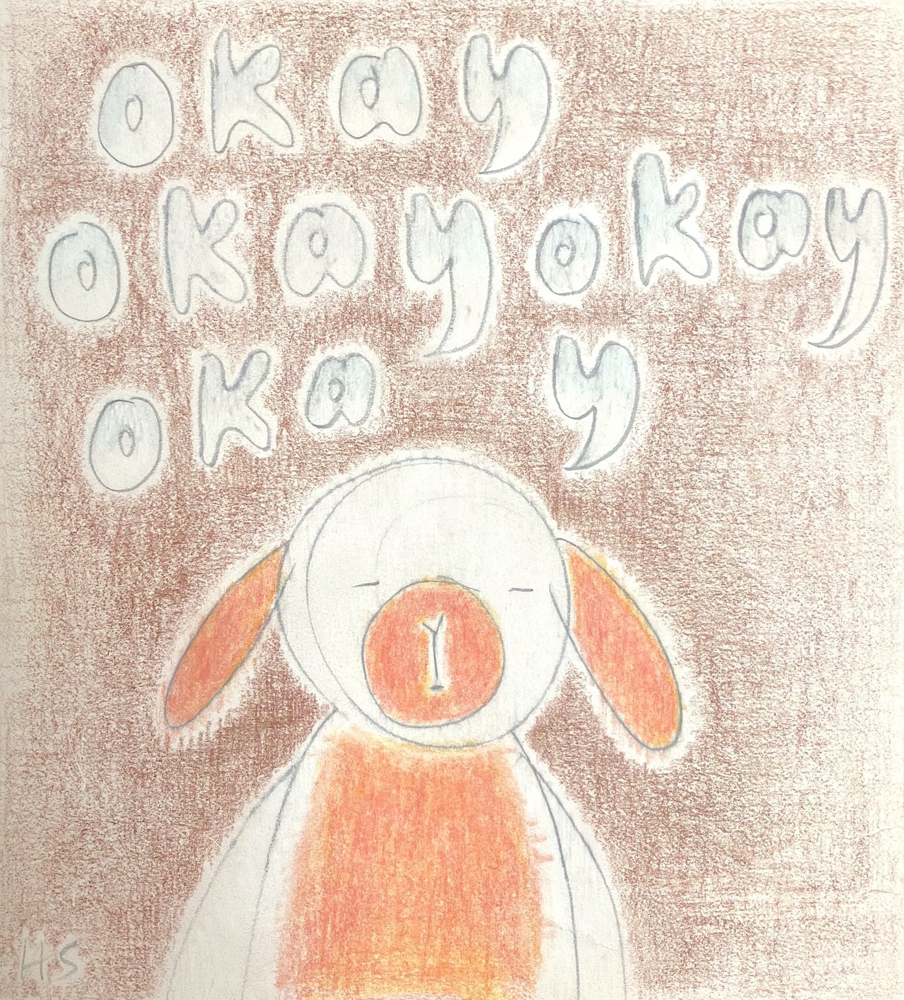 FOUR OKAYS 2025 Coloured pencil on found paper 19.4 x 17.6 cm