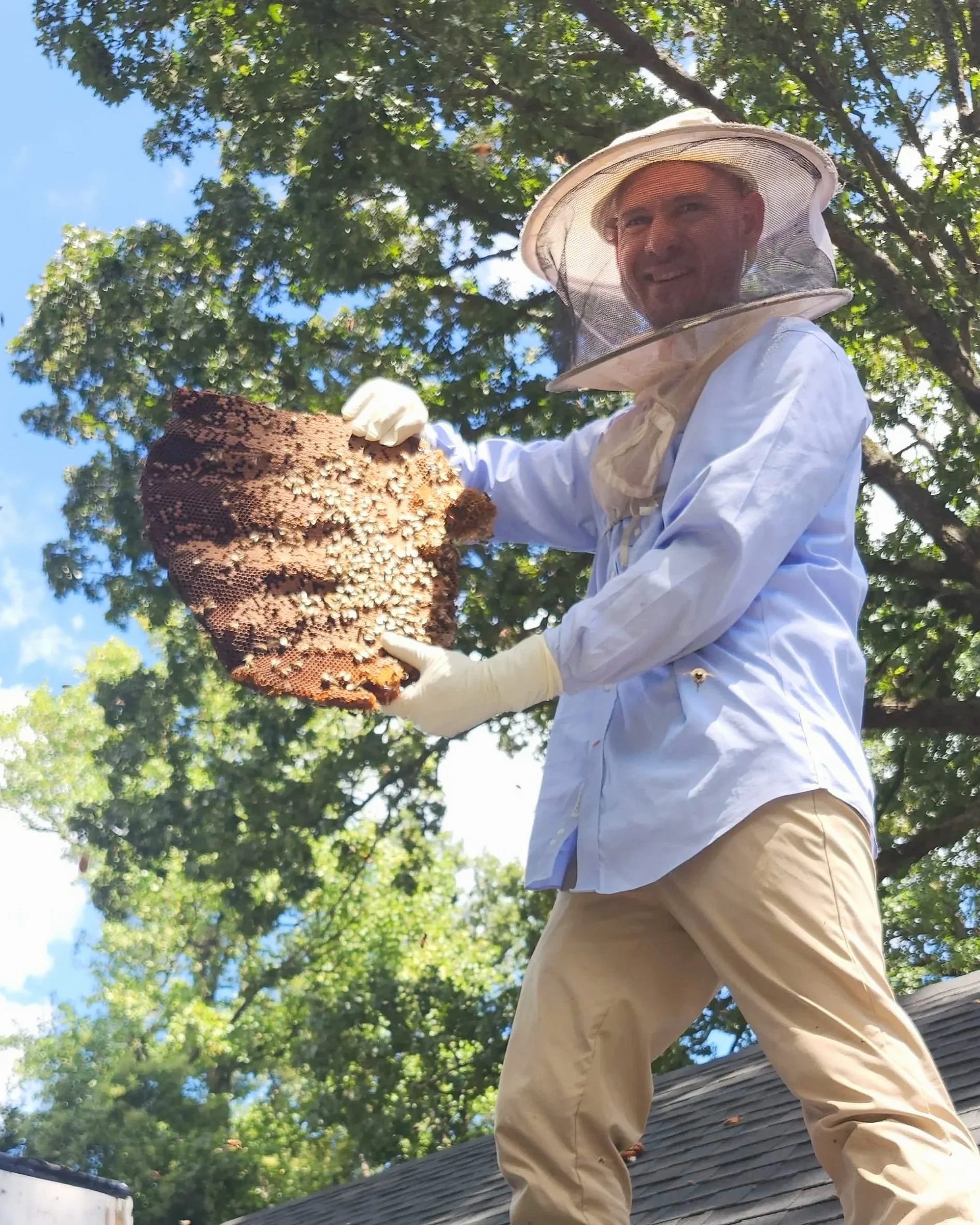 A man dressed in beekeeping clothing, including a hat with a mesh face covering, white gloves, a white shirt, and beige pants, is holding a honeycomb frame with bees outdoors during daytime. He is smiling and standing near a roof with green trees and a blue sky in the background.