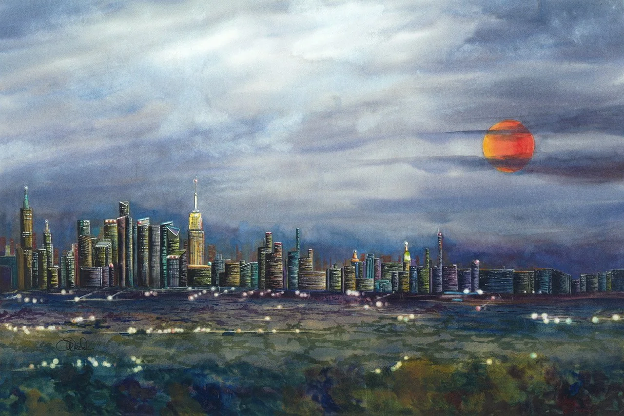  Strawberry Moon Over NYC 
30 in x 20 in (76 cm x 51 cm)
Watercolor