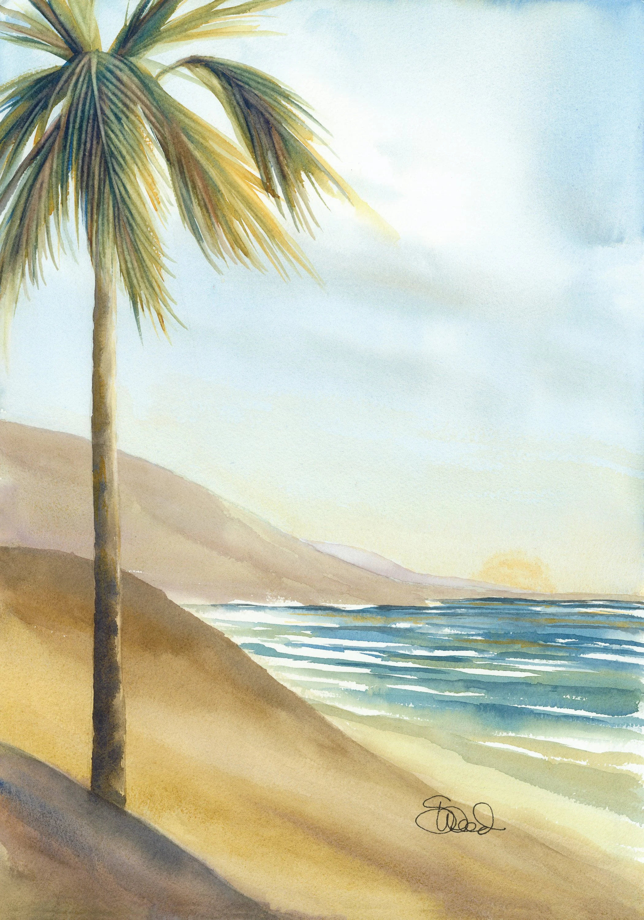  Sunset Palm 
 20 in x 14 in (51 cm x 36 cm)
 Watercolor