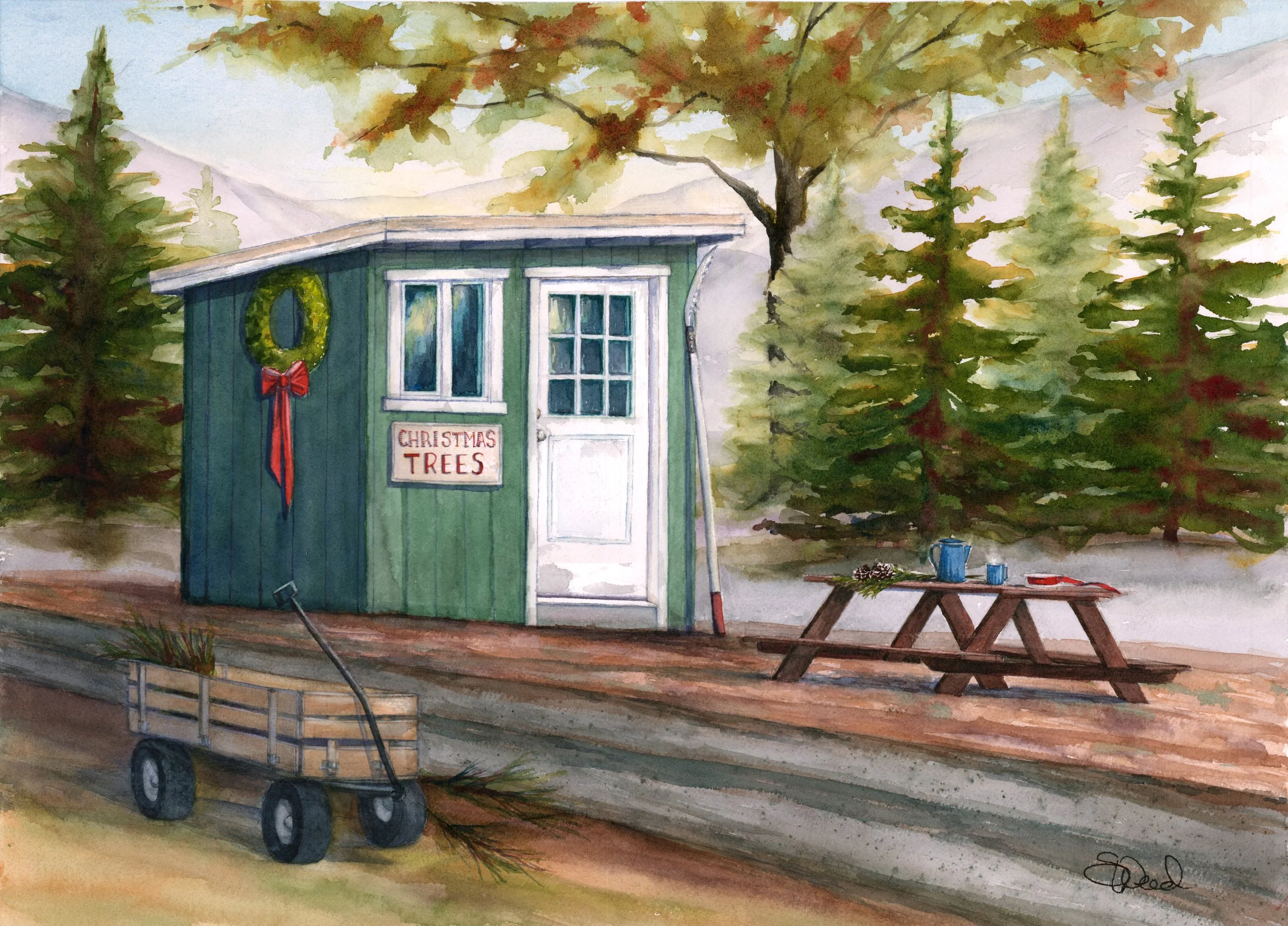  Morning Coffee at the Tree Farm 
 Salinas River Ranch
 14 in x 20 in (36 cm x 51 cm)
 Watercolor

