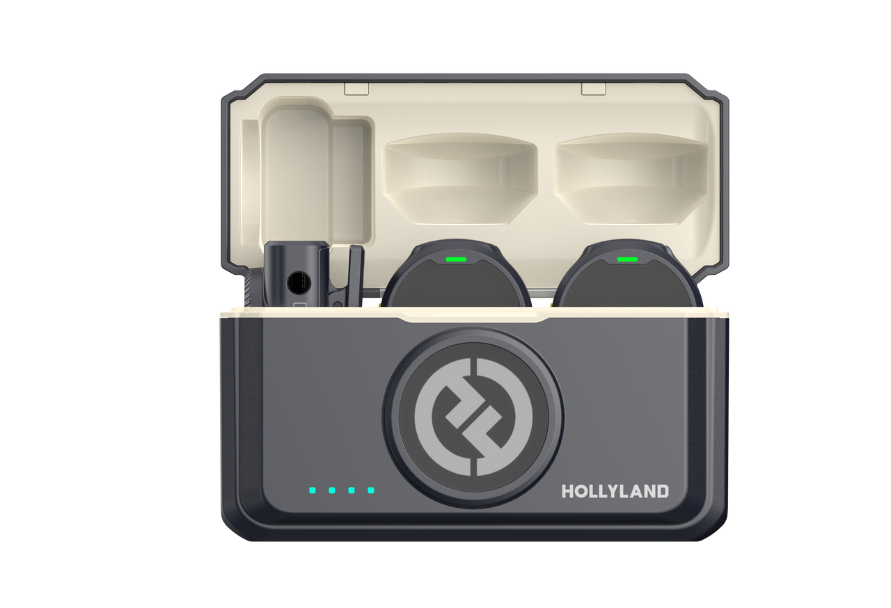 Funda de auriculares inalámbricos Holland con auriculares en el interior y un compartimento para accesorios.