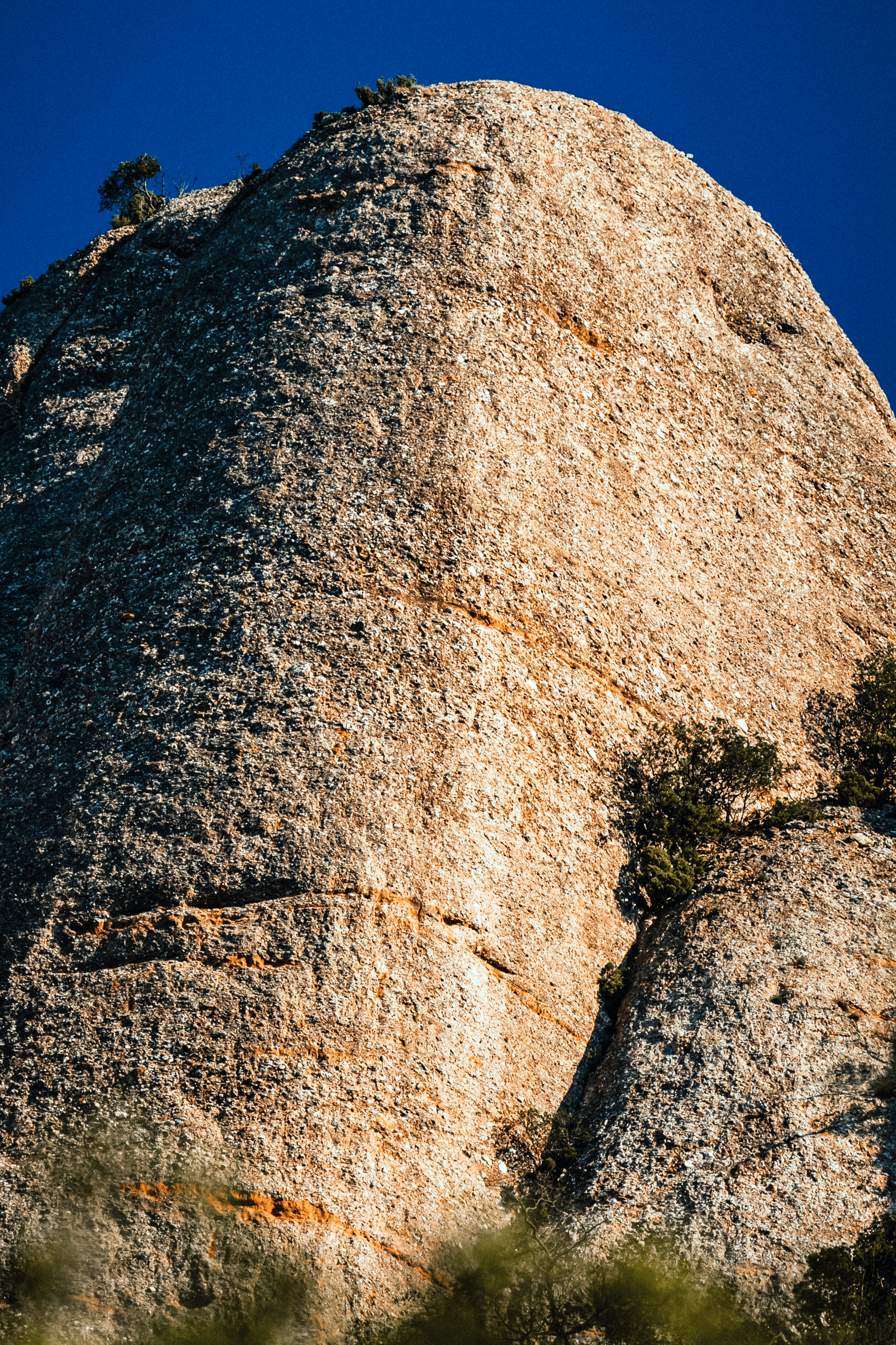 Gran roca de color marrón claro con algunos árboles pequeños en su base y un cielo azul sin nubes.