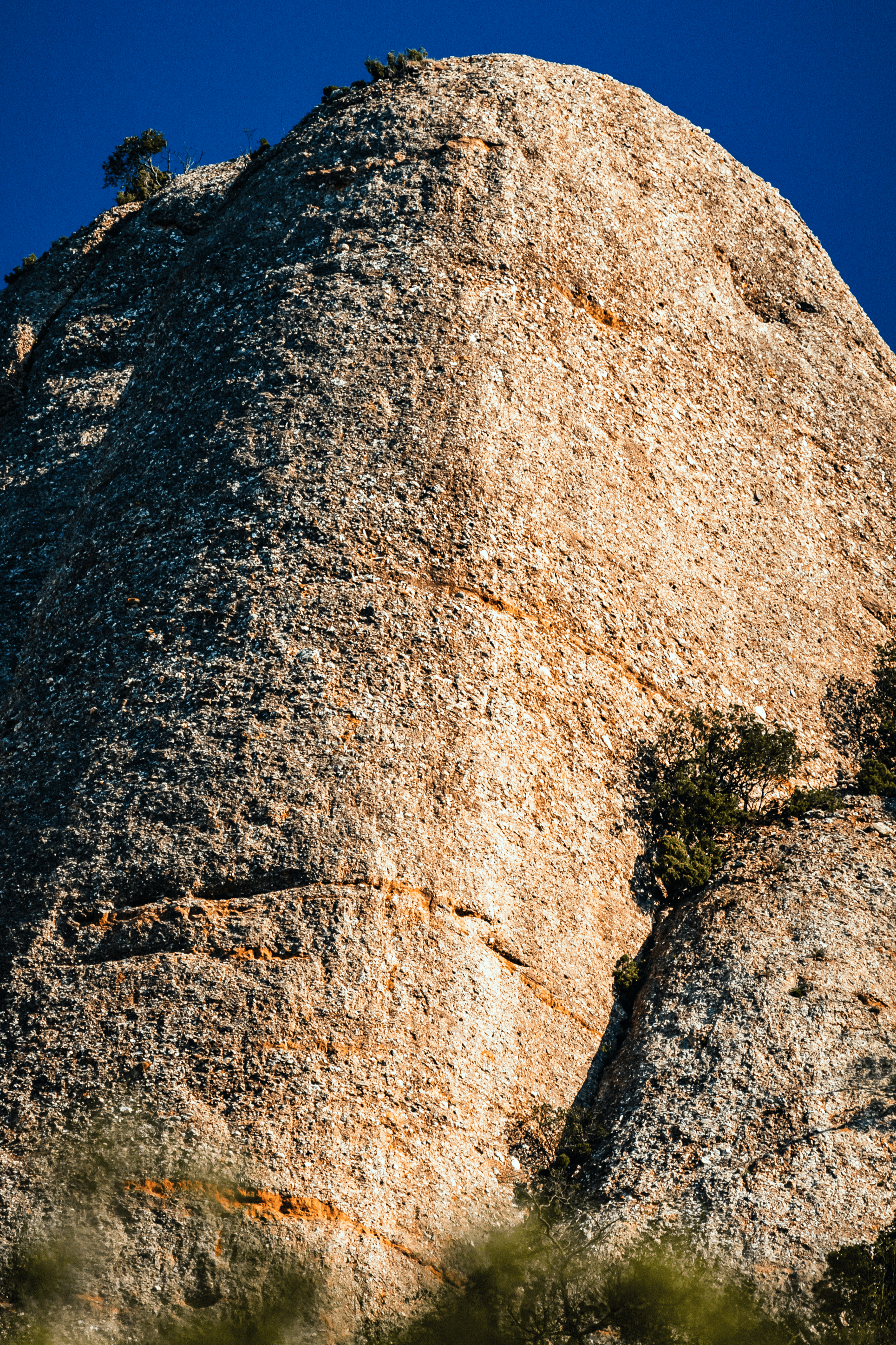 Una gran roca de granito con un cielo azul de fondo y algunos árboles pequeños alrededor.