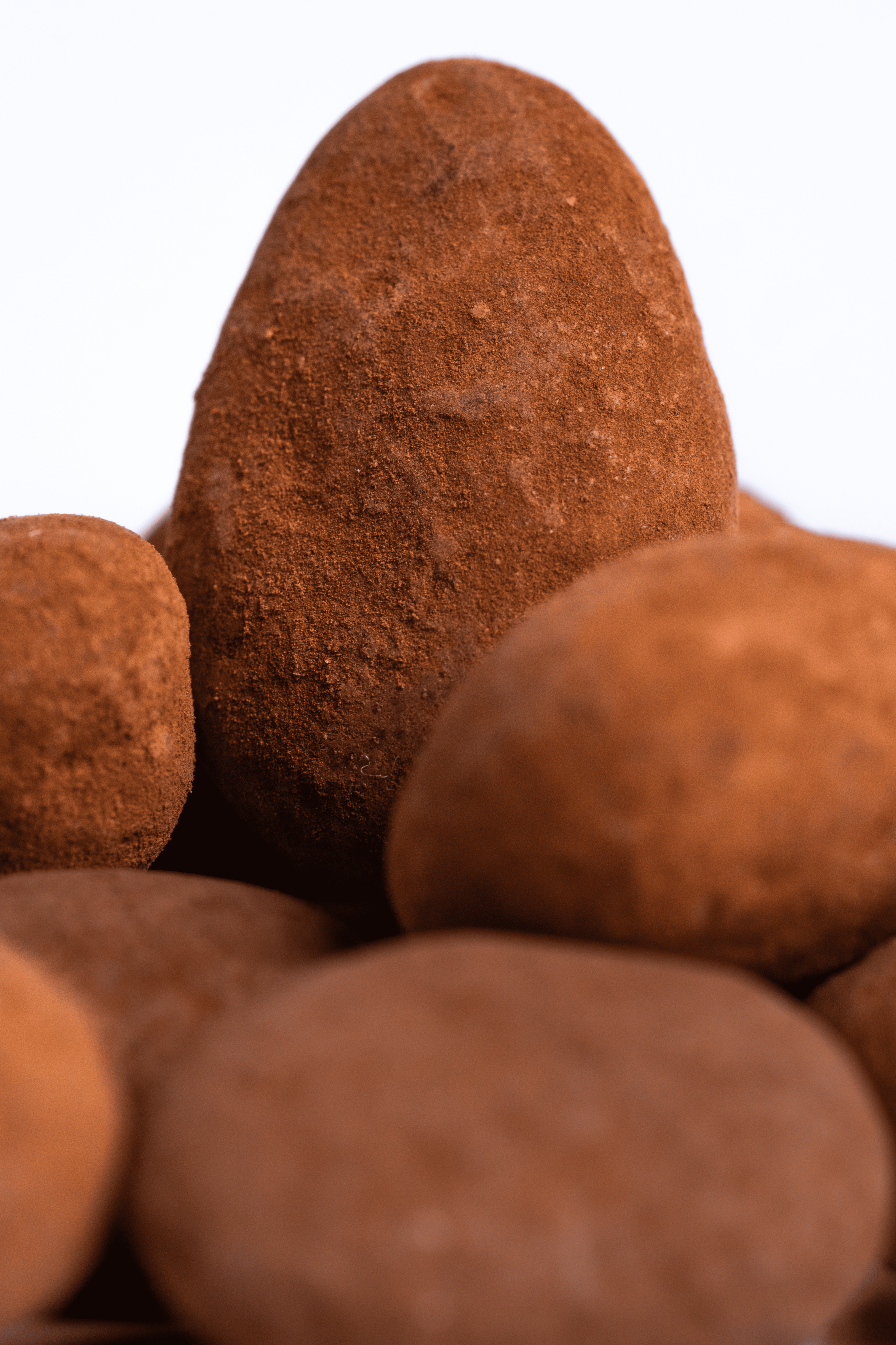 Variedad de dulces de cacao en forma de huevos, cubiertos con polvo de cacao.