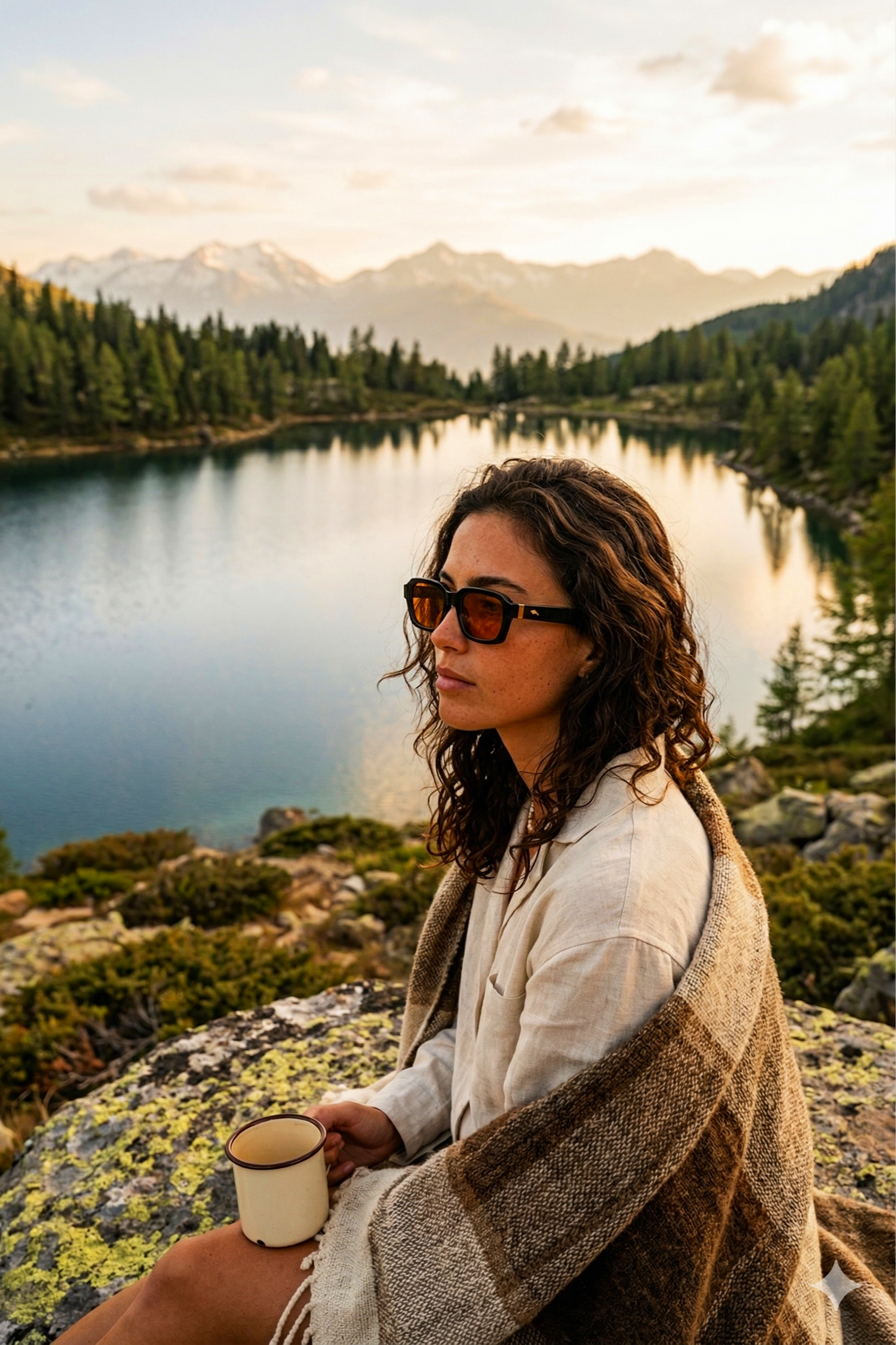 Mujer con gafas oscuras y cabello rizado, sentada en la orilla de un lago rodeado de pinos y montañas, sosteniendo una taza, en un paisaje natural con cielo despejado y montañas en el fondo.