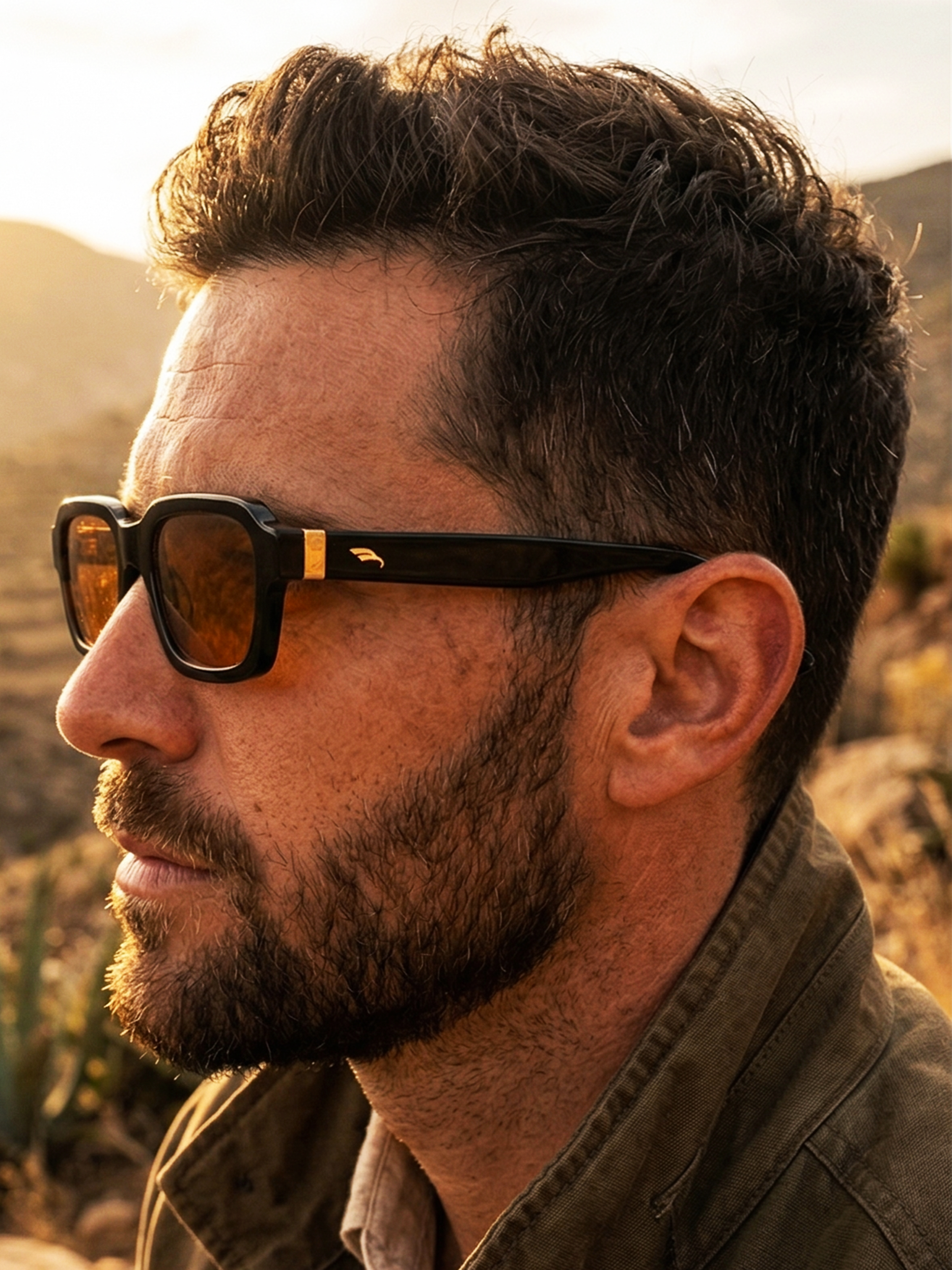 Perfil de un hombre con gafas de sol, barba y cabello rizado, en un paisaje árido con montañas al fondo al atardecer.
