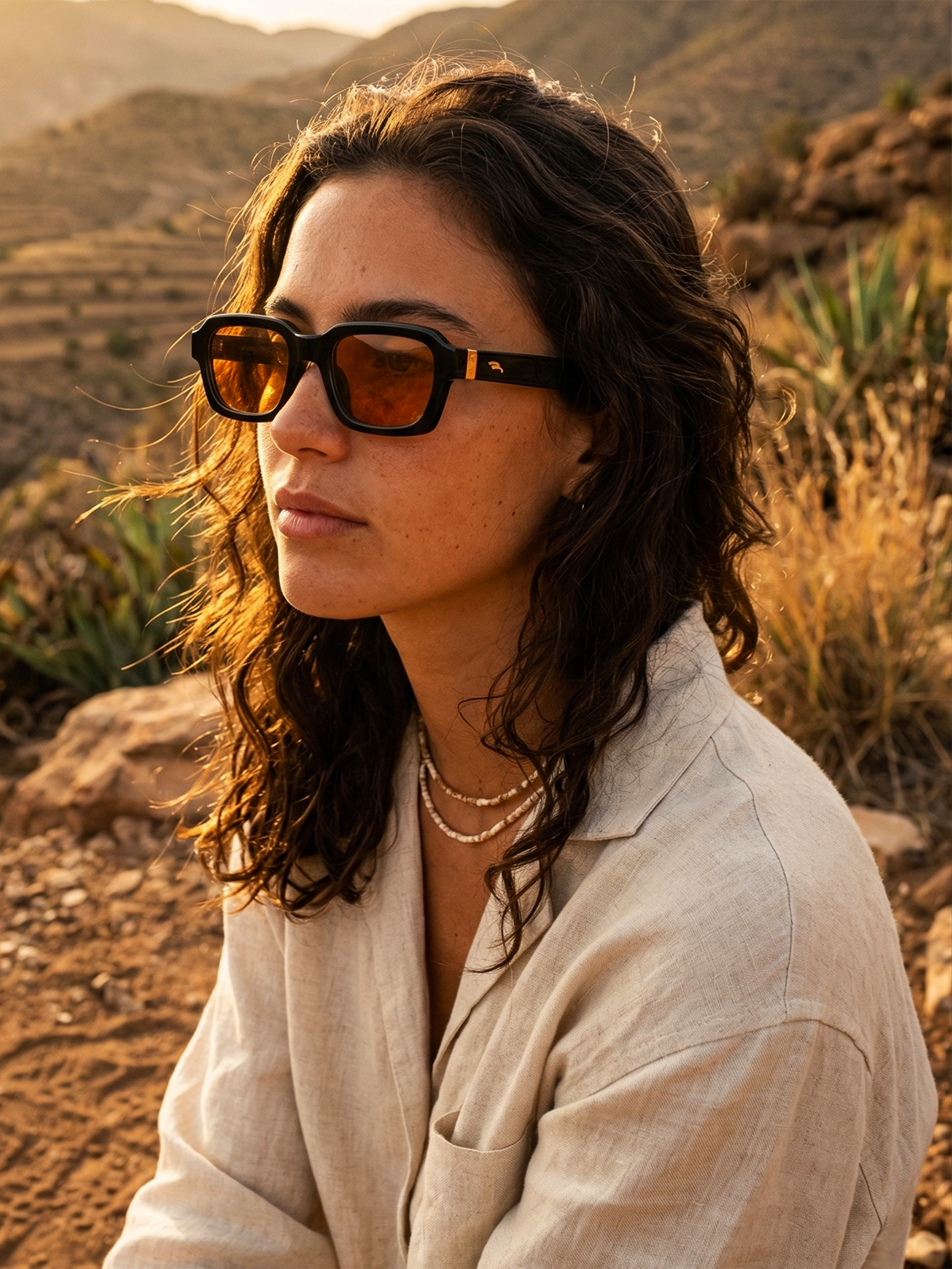 Mujer con cabello rizado y lentes oscuros en un entorno desértico con montañas al fondo durante el atardecer