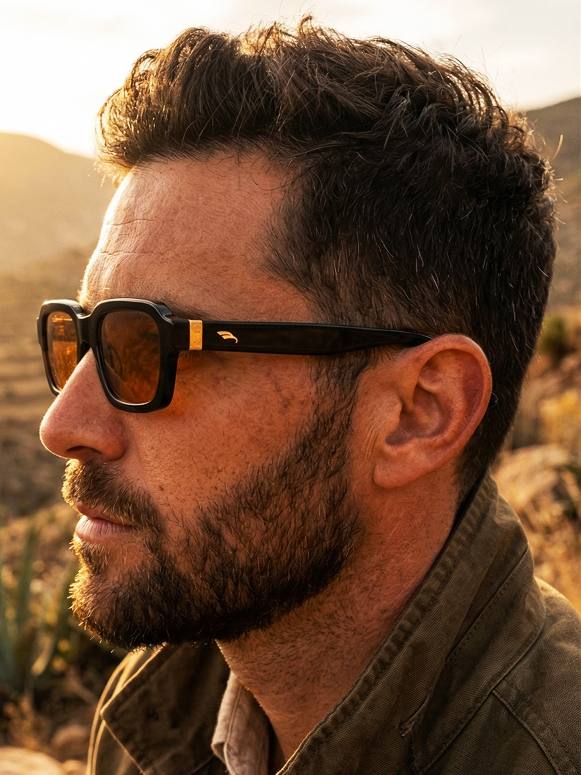 Retrato de un hombre con barba y barba, usando gafas de sol oscuras, con un fondo de paisaje montañoso y vegetación en la puesta de sol.