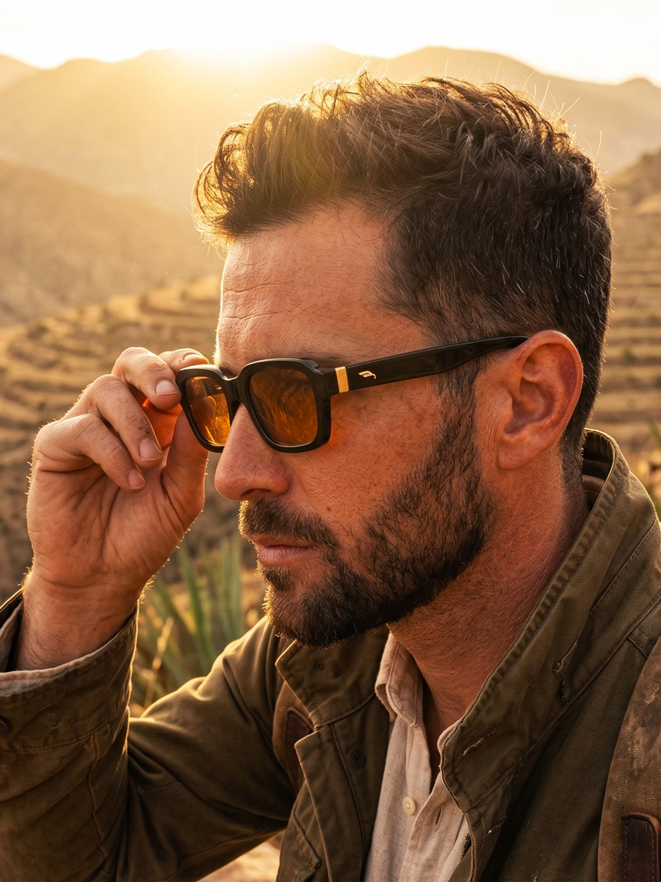 Hombre con barba, gafas de sol de color naranja, vestido con chaqueta marrón y camisa beige, en un escenario natural con montañas y vegetación, durante el atardecer.
