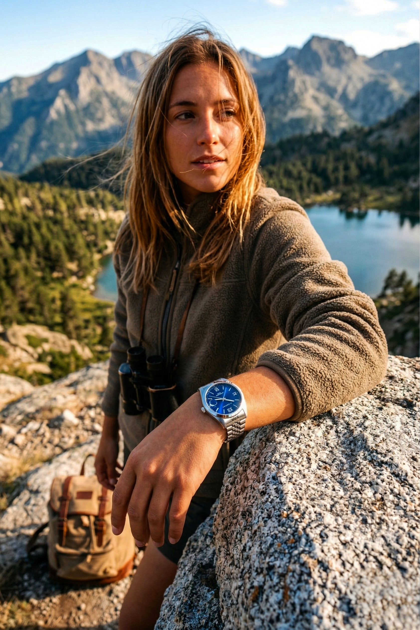 Mujer con cabello rubio y suelto, chaqueta marrón, reloj plateado, con fondo de montañas y lago en un paisaje natural durante el día.