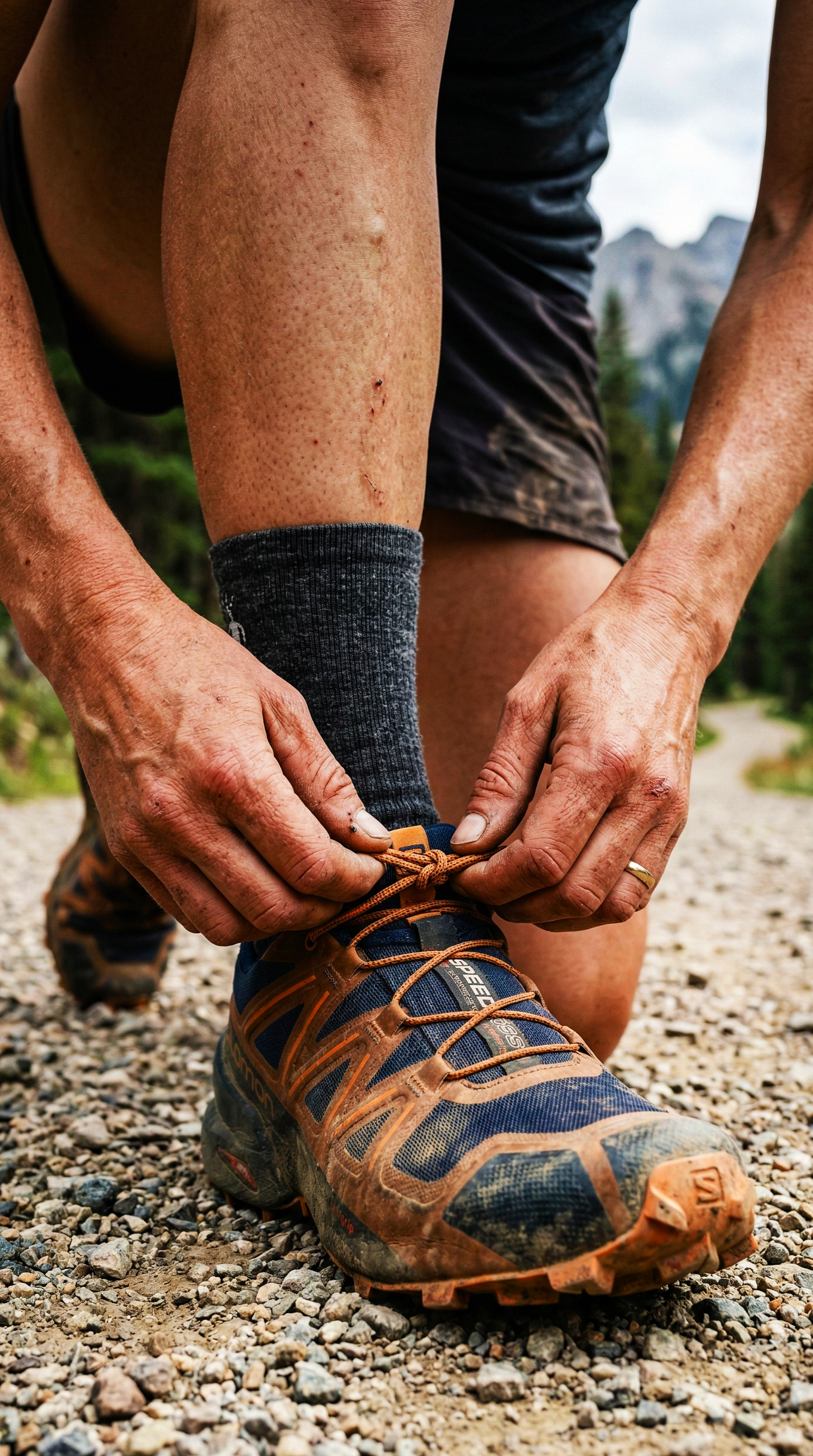 Persona atándose los cordones de una bota de senderismo en un sendero de grava, con un fondo de árboles y montañas.