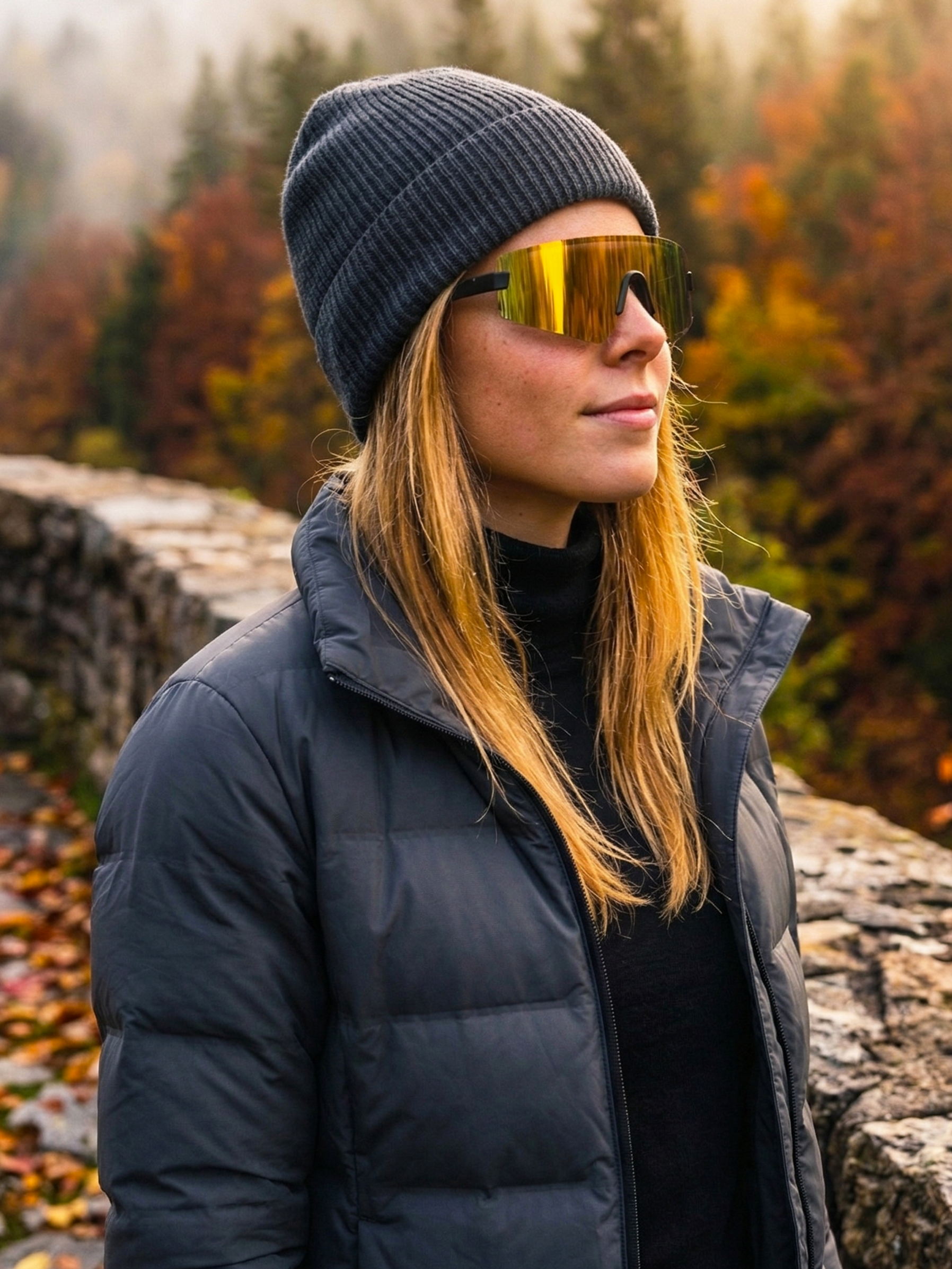 Mujer con gorro gris y gafas de sol doradas, vestida con chaqueta gris oscura, en un entorno natural con árboles y hojas otoñales.