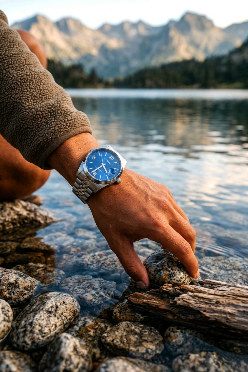 Persona con reloj en la muñeca tocando piedras en la orilla de un lago con montañas al fondo.