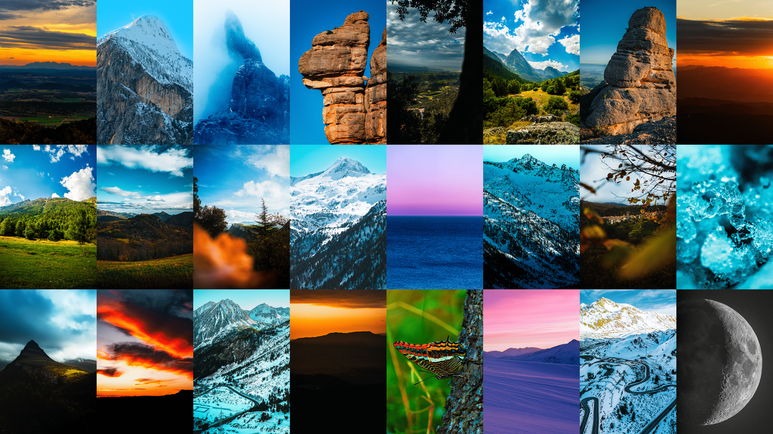 Collage de diferentes paisajes montañosos y naturales, incluyendo montañas nevadas, formaciones rocosas, bosques, nubes, playas, puestas de sol y la luna.