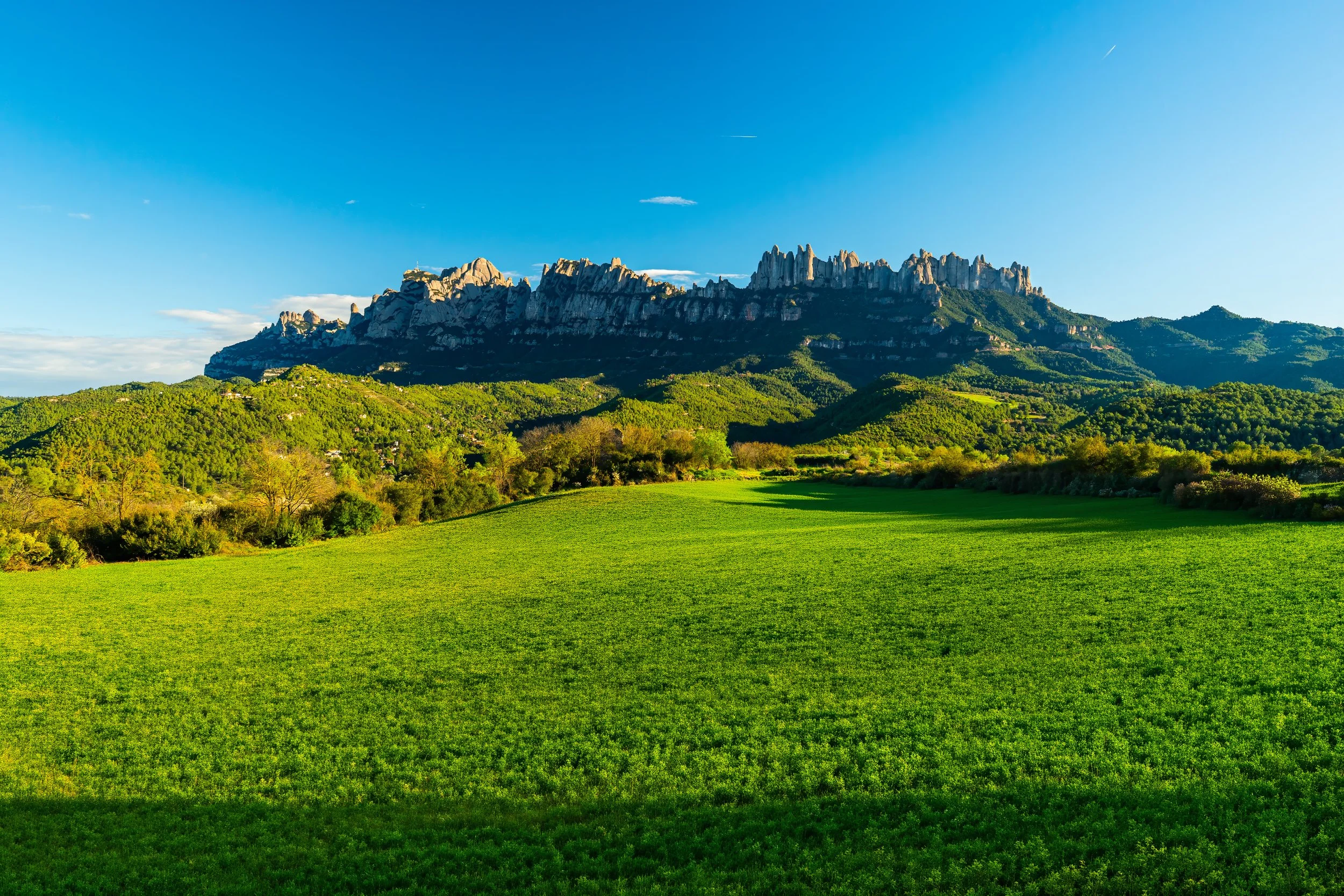 Montaña rocosa y verde con césped y árboles en primer plano, bajo un cielo azul claro.