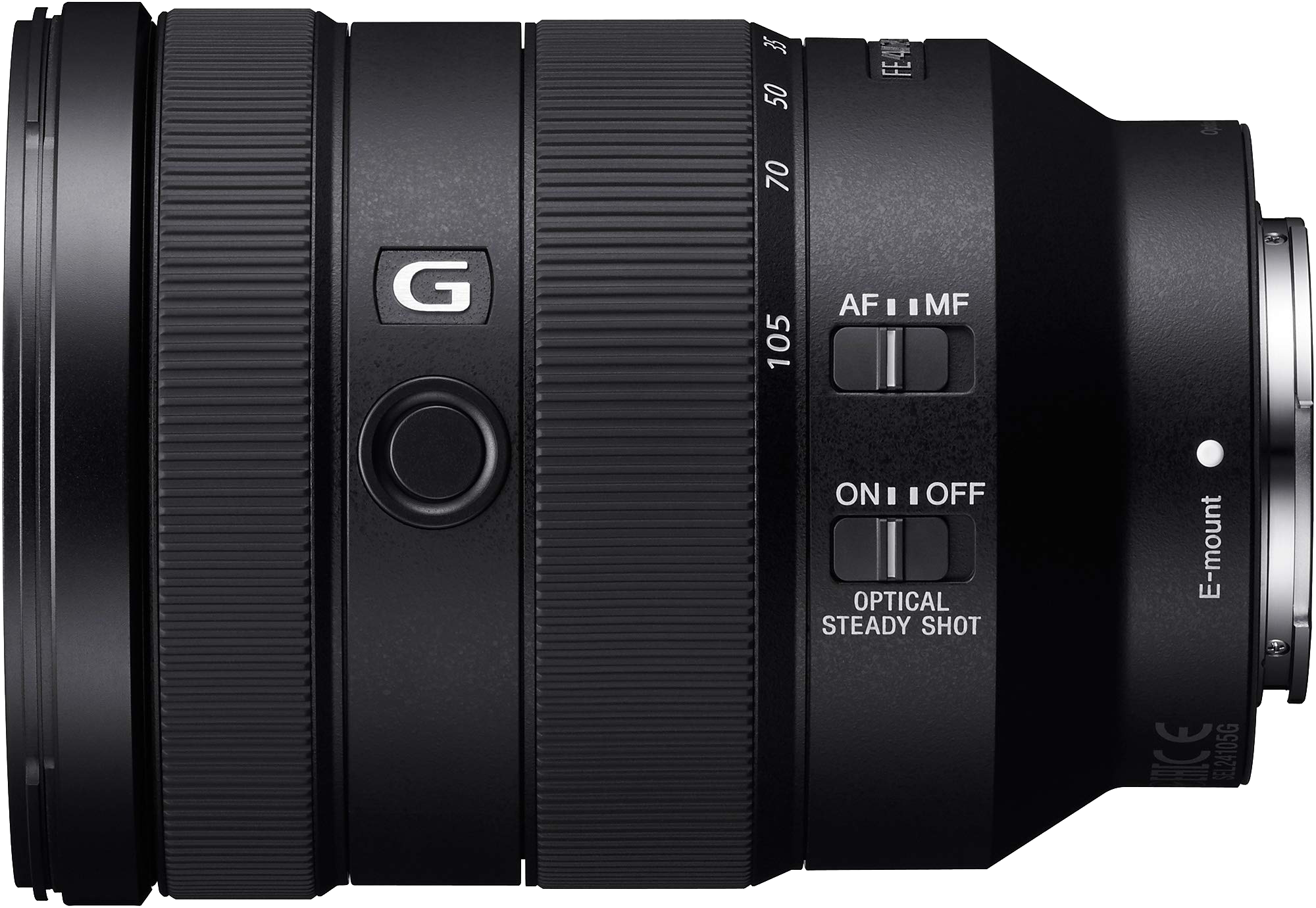 Objetivo de cámara profesional con controles y ajustes en negro, marcado con letras y números, con enfoque en la parte de E-mount.