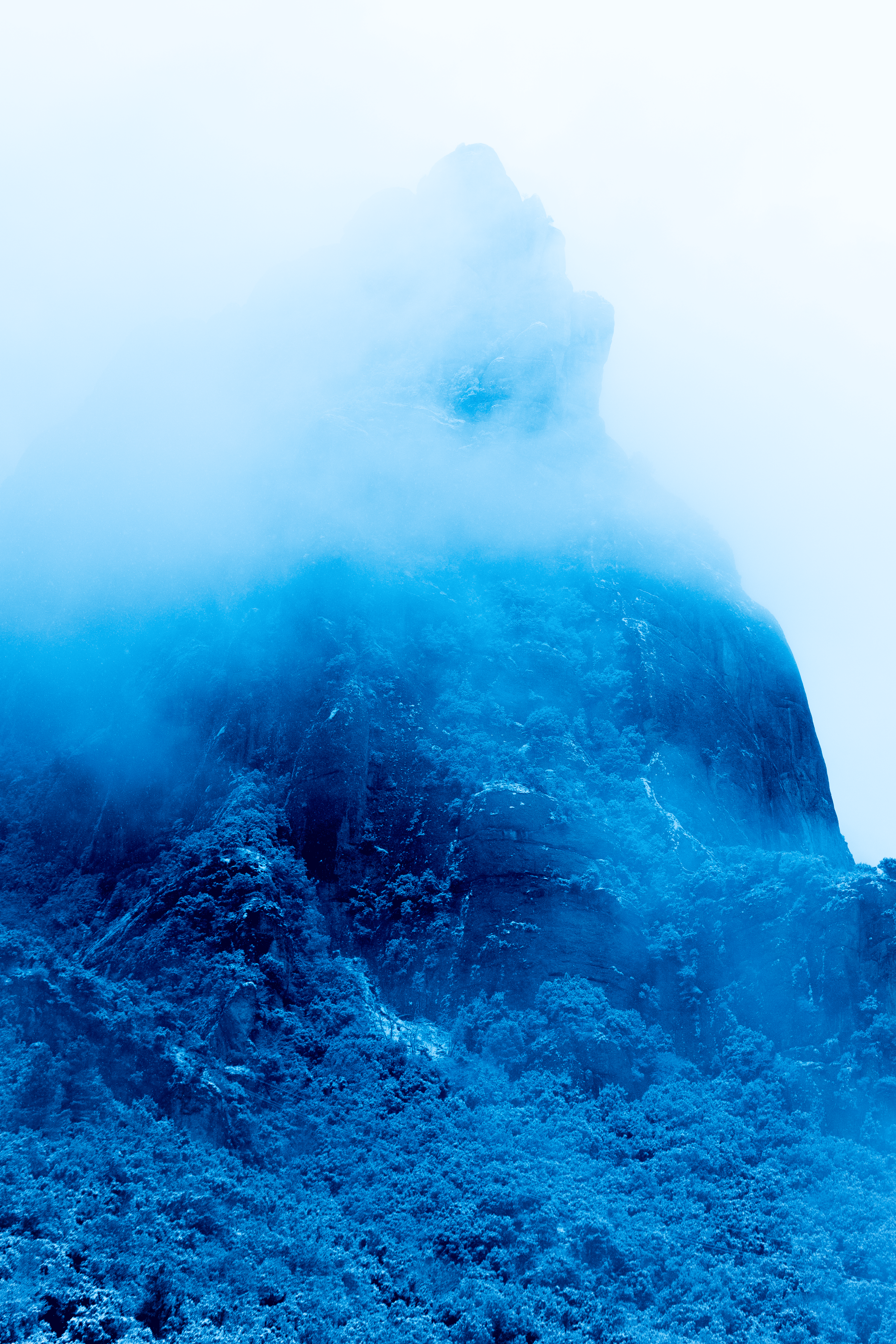 Montaña cubierta de nieve parcialmente rodeada de niebla