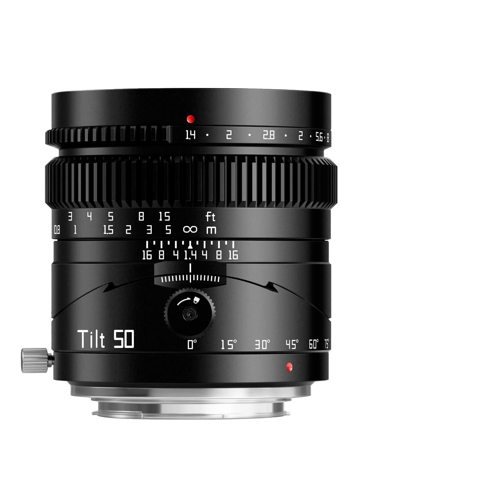 Lente de cámara con ajustes y marcas de enfoque, apertura, distancia y tilt en negro con detalles blancos y rojos