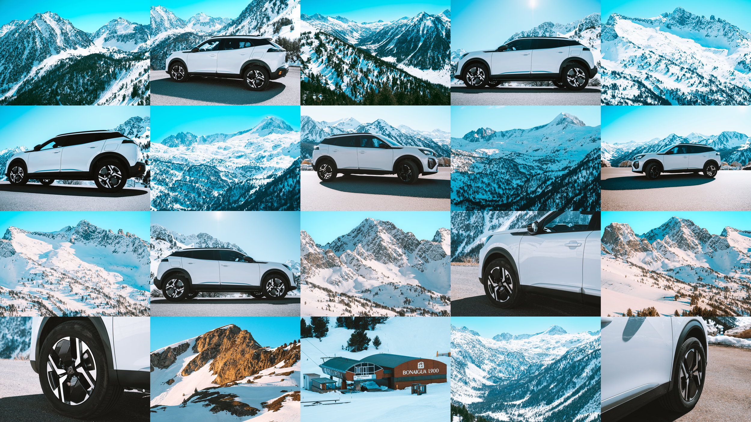 Una colección de imágenes que muestran un coche blanco en un paisaje nevado de montañas, con detalles de sus ruedas, perfil y vista desde diferentes ángulos, en un entorno alpino con montañas cubiertas de nieve y un cielo despejado.