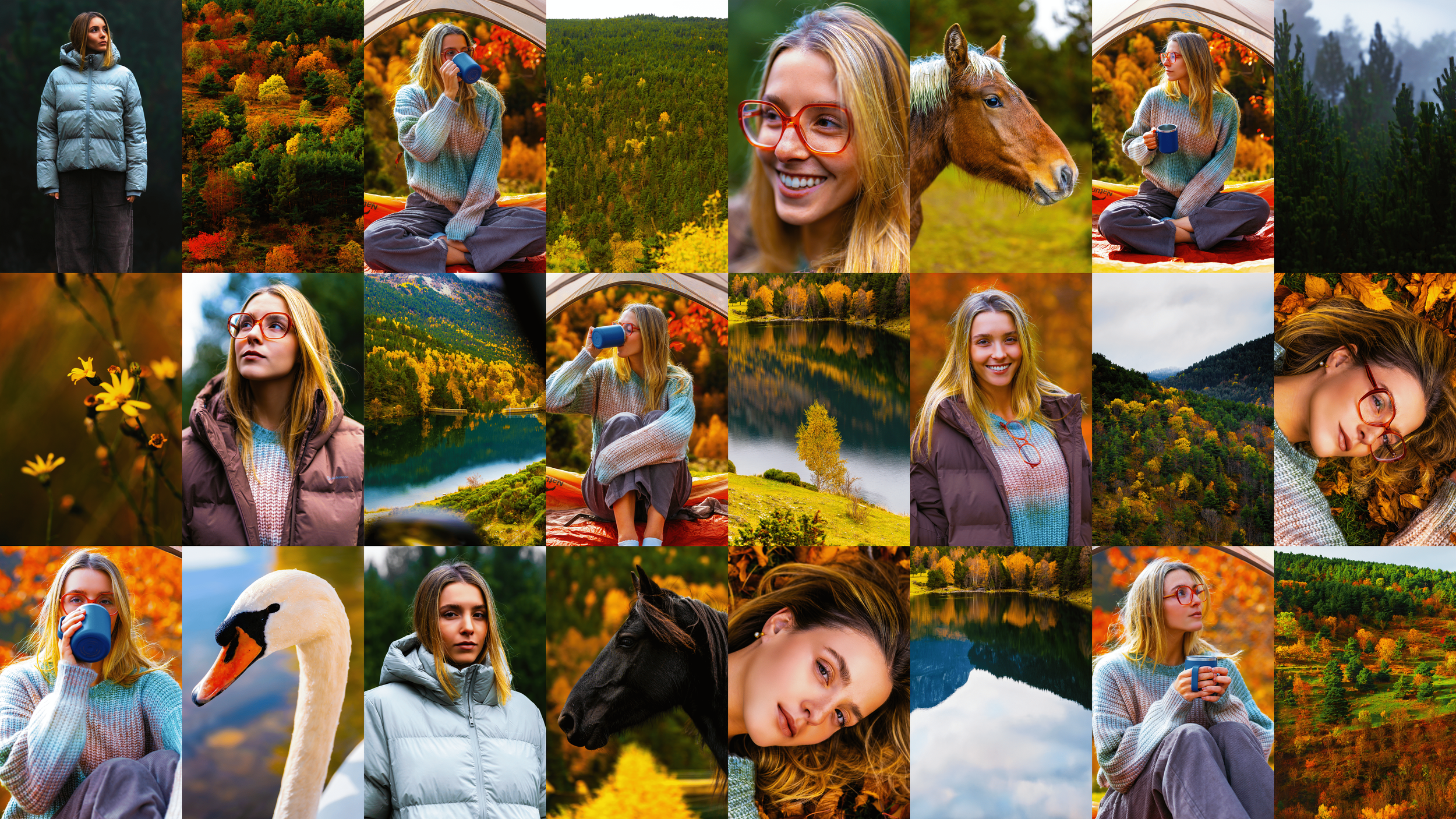 Collage de escenas otoñales con una joven mujer y un caballo en la naturaleza, incluyendo vista de un lago, un bosque colorido, un cisne, y diferentes tomas en exteriores con árboles de hoja caduca, además de algunas tomas de la mujer con gafas rojas