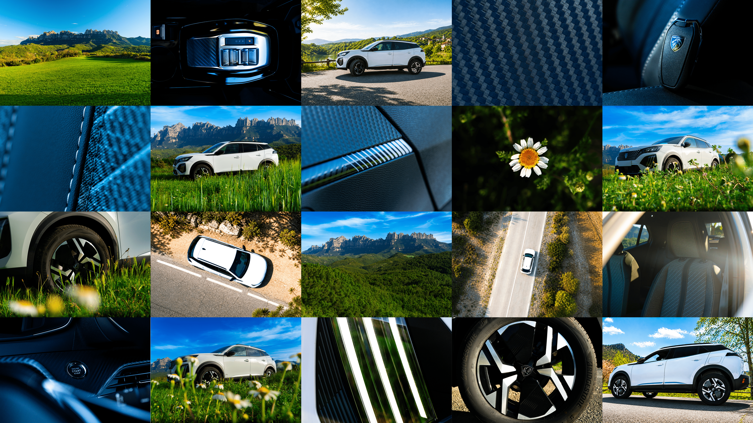 Collage de autos blancos en paisajes naturales con montañas, caminos asfaltados y de tierra, árboles y flores, enfocando detalles del vehículo como llantas, interiores y logotipos.