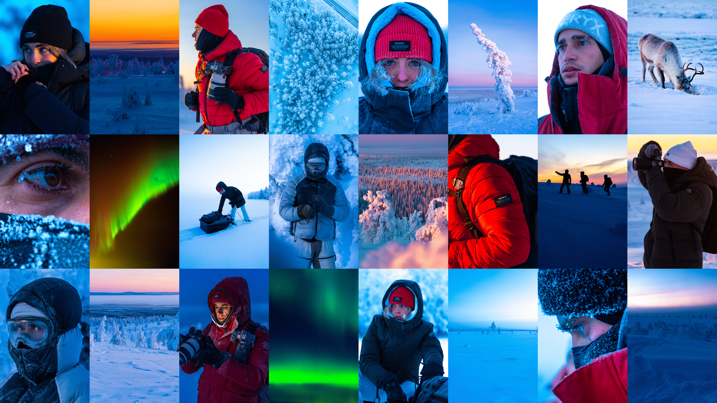 Imágenes de personas en un entorno helado con ropa de abrigo, disfrutando de la nieve y observando auroras boreales.