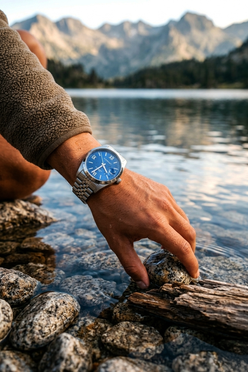 Persona con reloj en la muñeca, tocando piedras en la orilla de un lago con montañas al fondo.