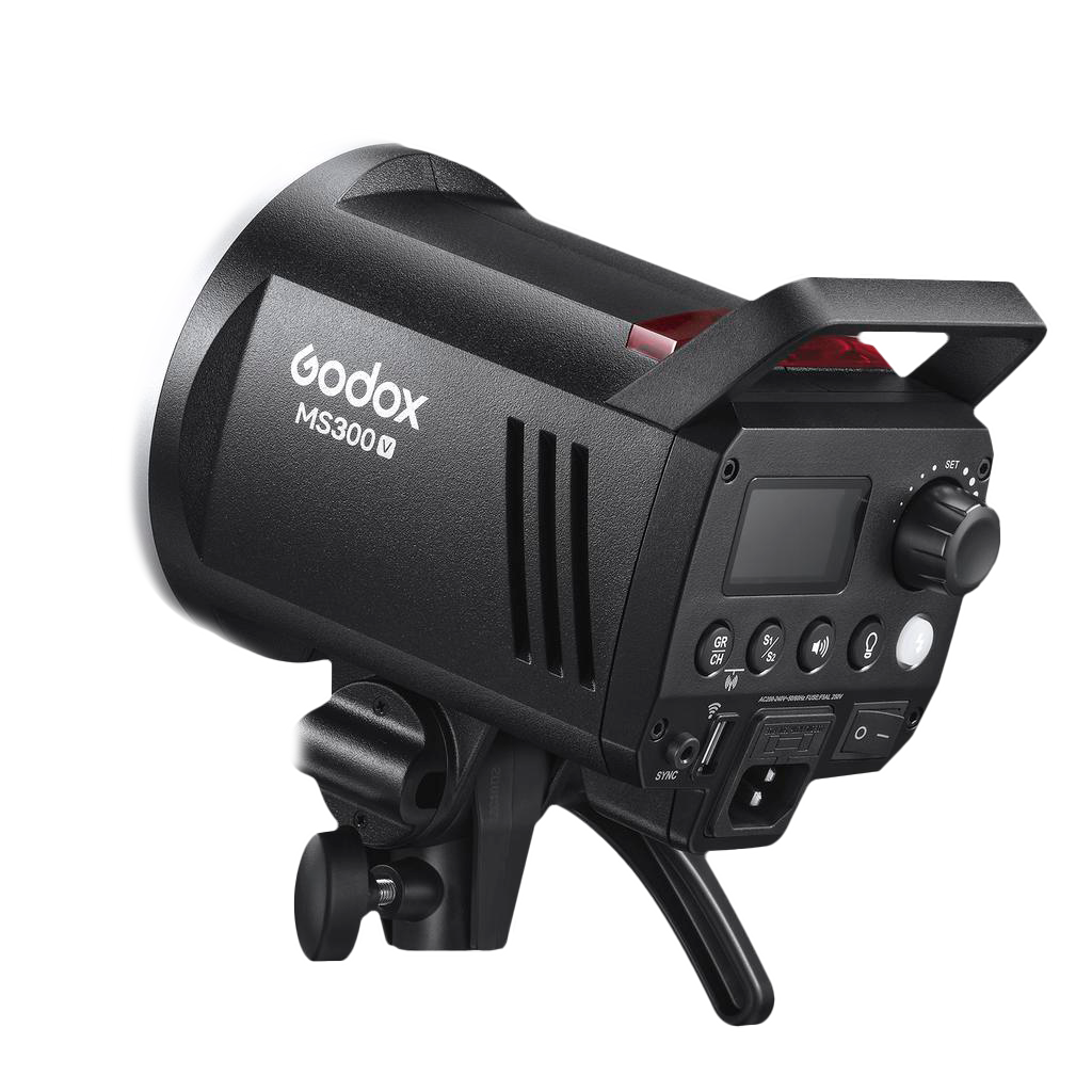 Lámpara estroboscópica Godox MS300V. Equipamiento con pantalla, botones y control de volumen, montado en trípode.