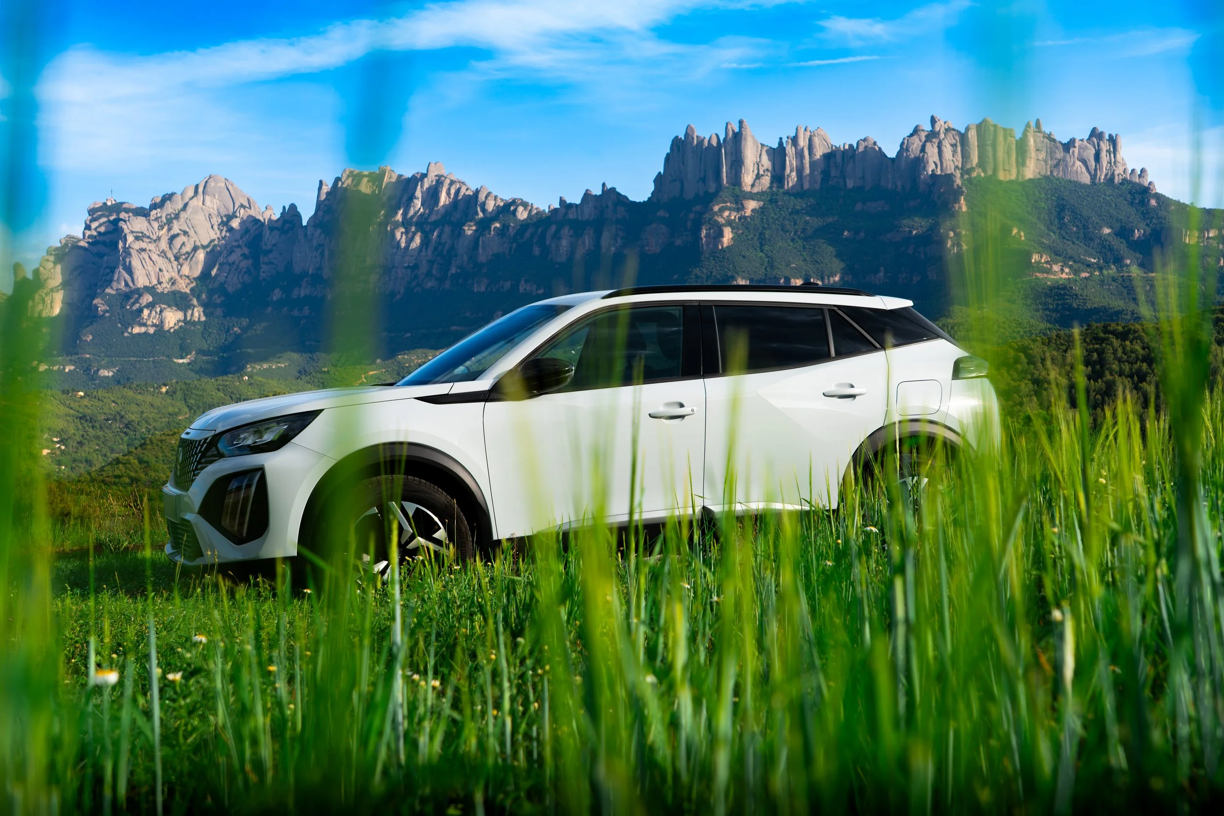 Coche blanco en un campo con montañas y cielo azul al fondo.