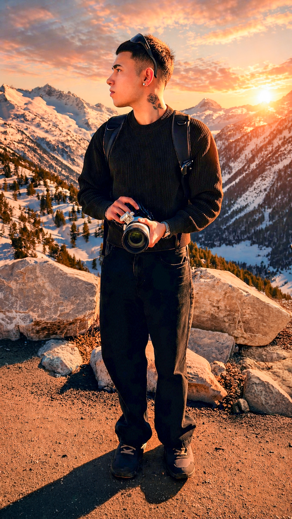 Joven con cámara en mano en un paisaje montañoso con nieve y árboles, atardecer con cielo nublado y sol en el horizonte.