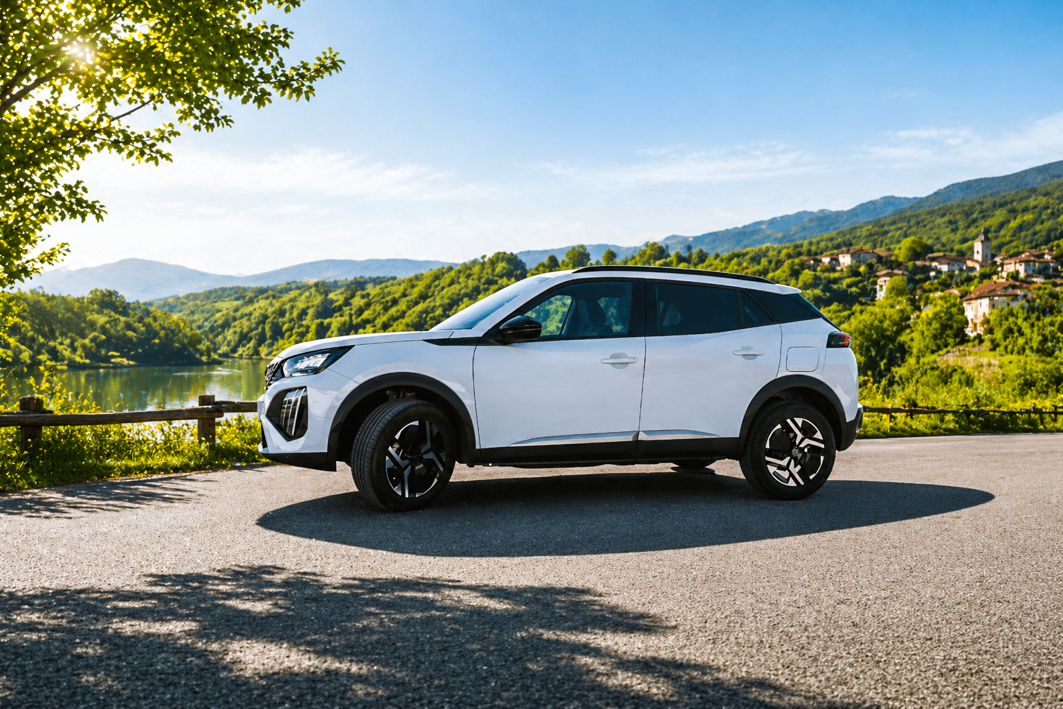 Auto SUV blanco estacionado junto a un río, con montañas y un pueblo en el fondo, en un día soleado.