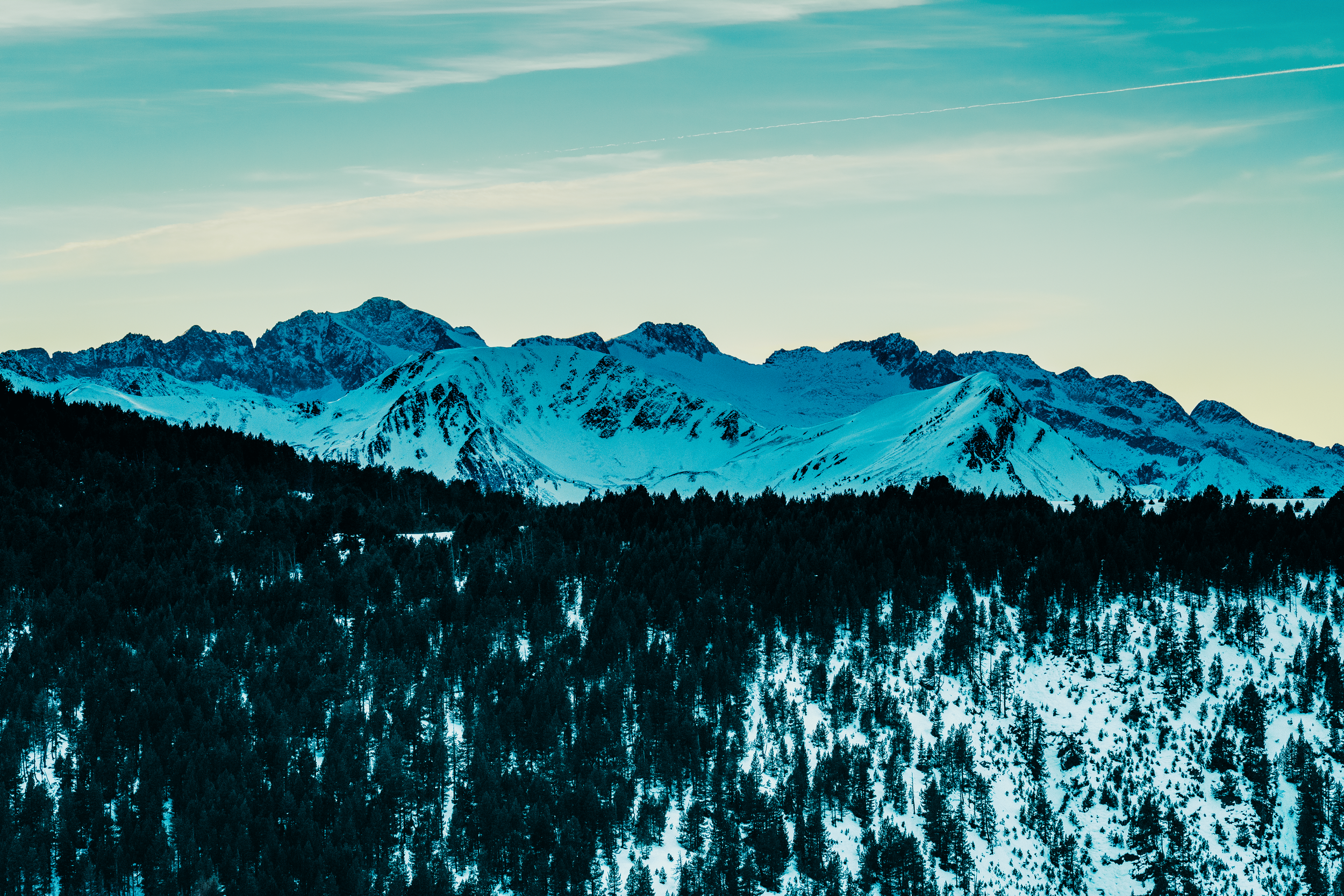 Molinos de nieve en una cadena montañosa con bosques de árboles en primer plano, cielo despejado.